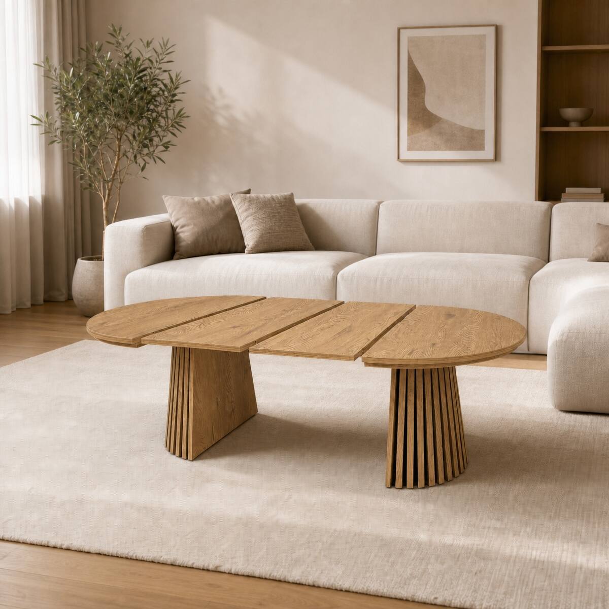 Alt View 3. Loheer - Loheer Extendable Oval Dining Table, Wood Grain MDF, Space-Saving Coffee and Dining Table - Beige and Natural.