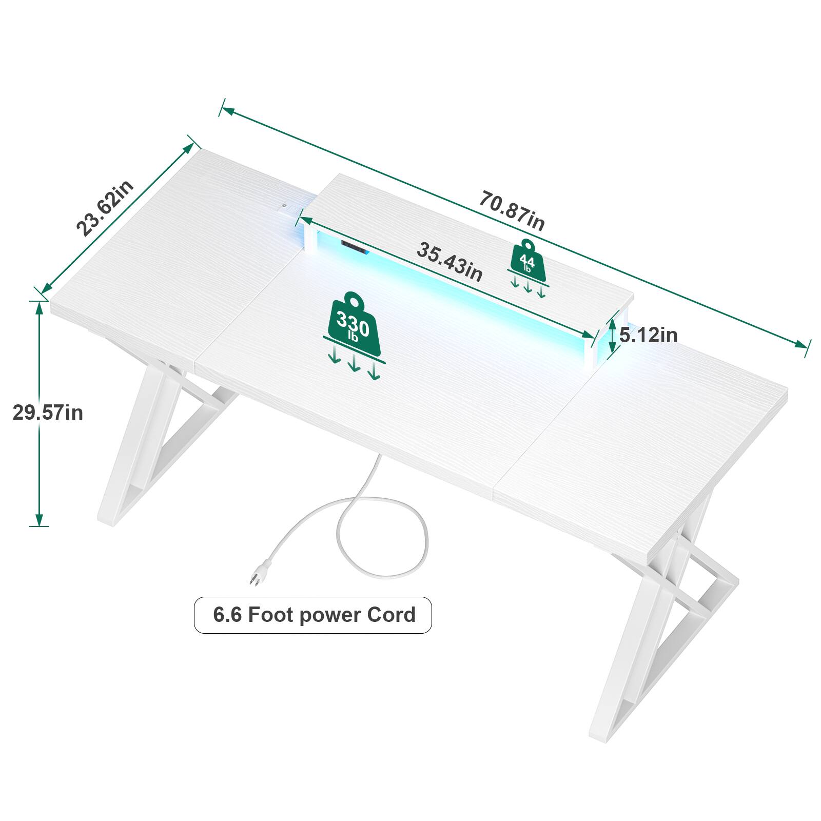 23.62in  
330 lb  
70.87in  
35.43in  
44 lb  
29.57in  
5.12in  
6.6 Foot power Cord