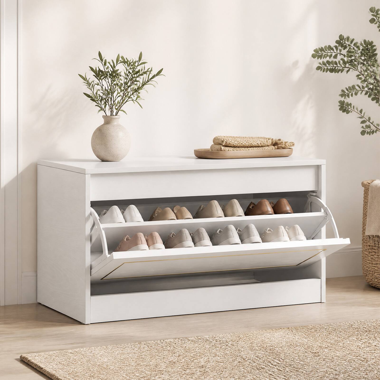 Alt View 3. Costway - Costway Shoe Rack, Narrow Shoe Cabinet with 1 Flip Drawer & Adjustable Shelf for Hallway - White.