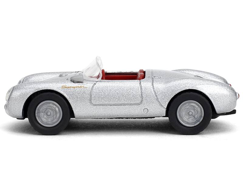 Angle. Majorette - 1955 Porsche 550 Spyder Silver Metallic with Red Interior "Collection" Series 1/64 Diecast Model Car by Majorette - Silver Metallic with Red.