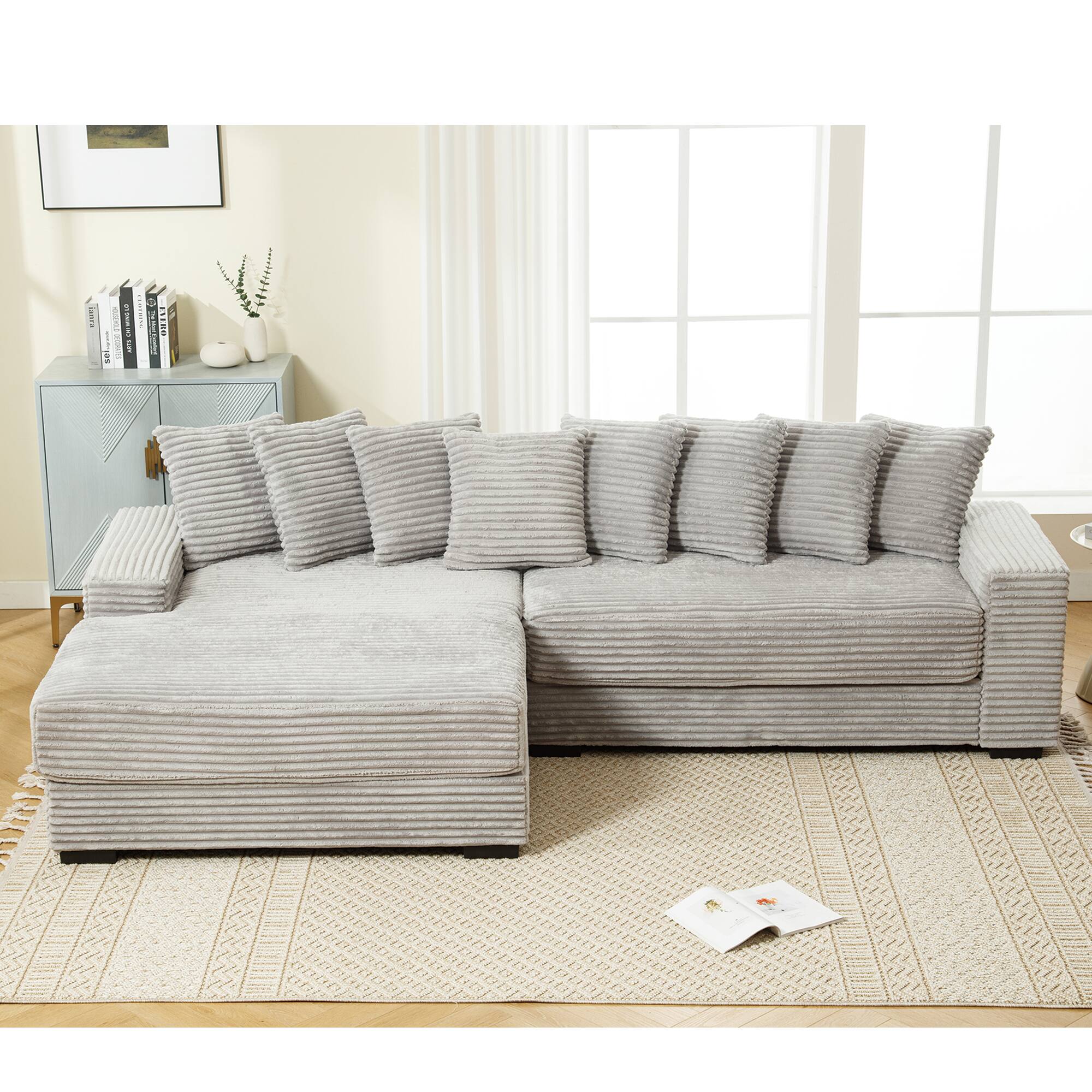 Alt View 7. Tiramisubest - Oversized Two-Piece Couches,L Shaped Sofa,Corduroy,Left Chaise Daybed with Armrests,Eight Throw Pillows,Gray - Gray.