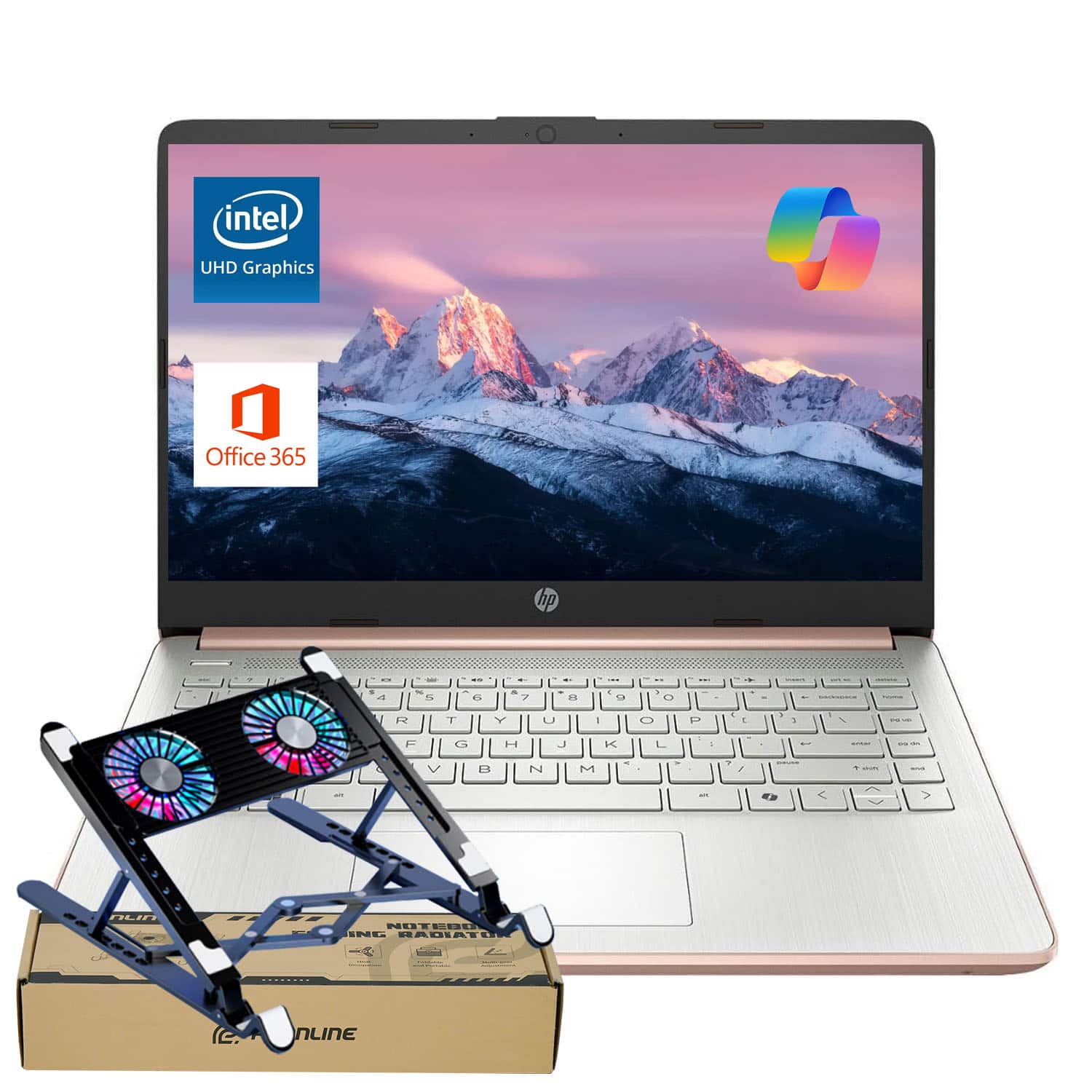 HP - 14" HD Laptop - Intel Dual Core Processor, 16GB RAM - 64GB eMMC - 1 Year Office 365 & Copilot - PCO Laptop Cooler - Rose