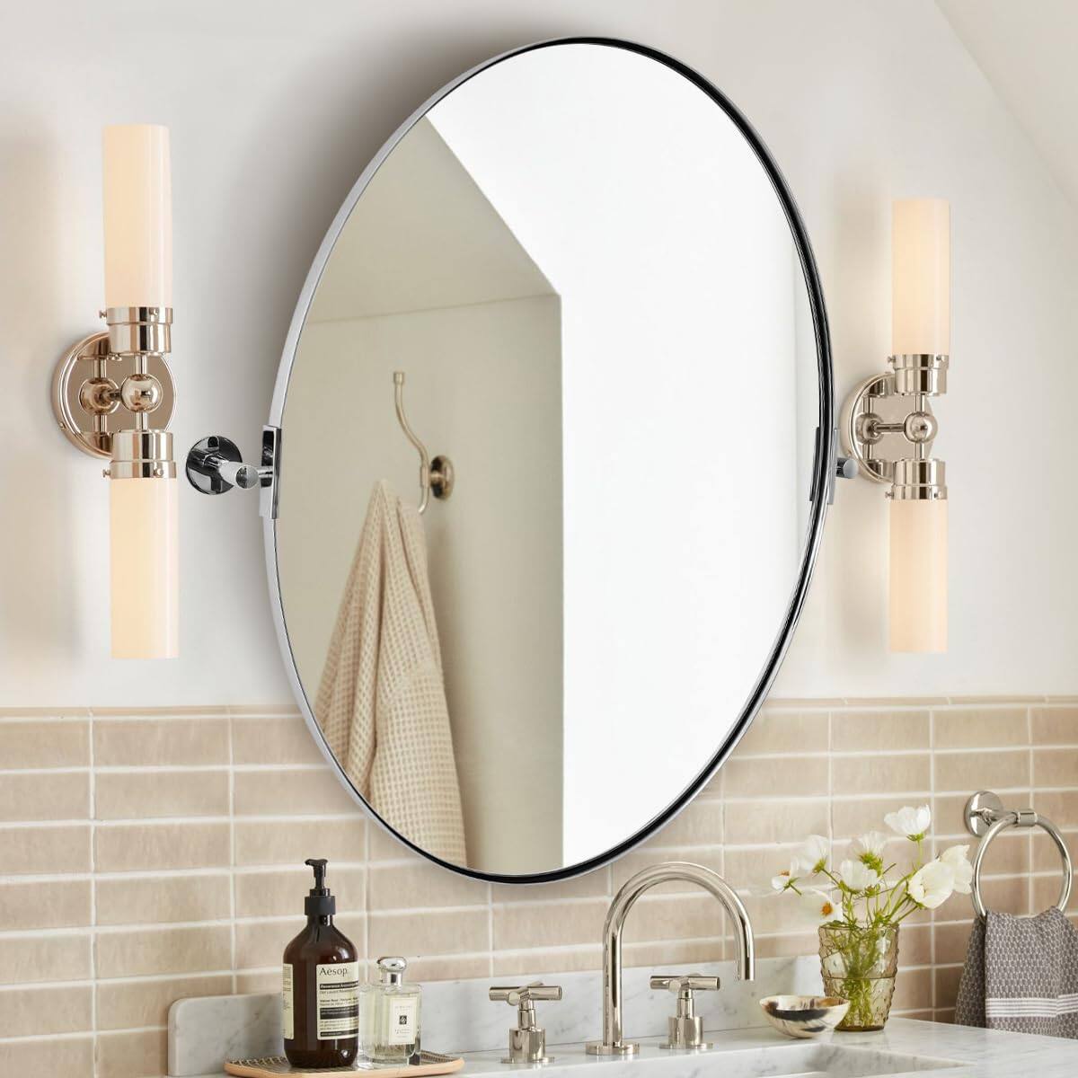 Alt View 5. TECH SAFARI - Oval Bathroom Mirror Stainless Steel Metal Frame Vanity For Over Sink With Adjustable Tilting Design Pivoti - Chrome 32"L x 24"W.