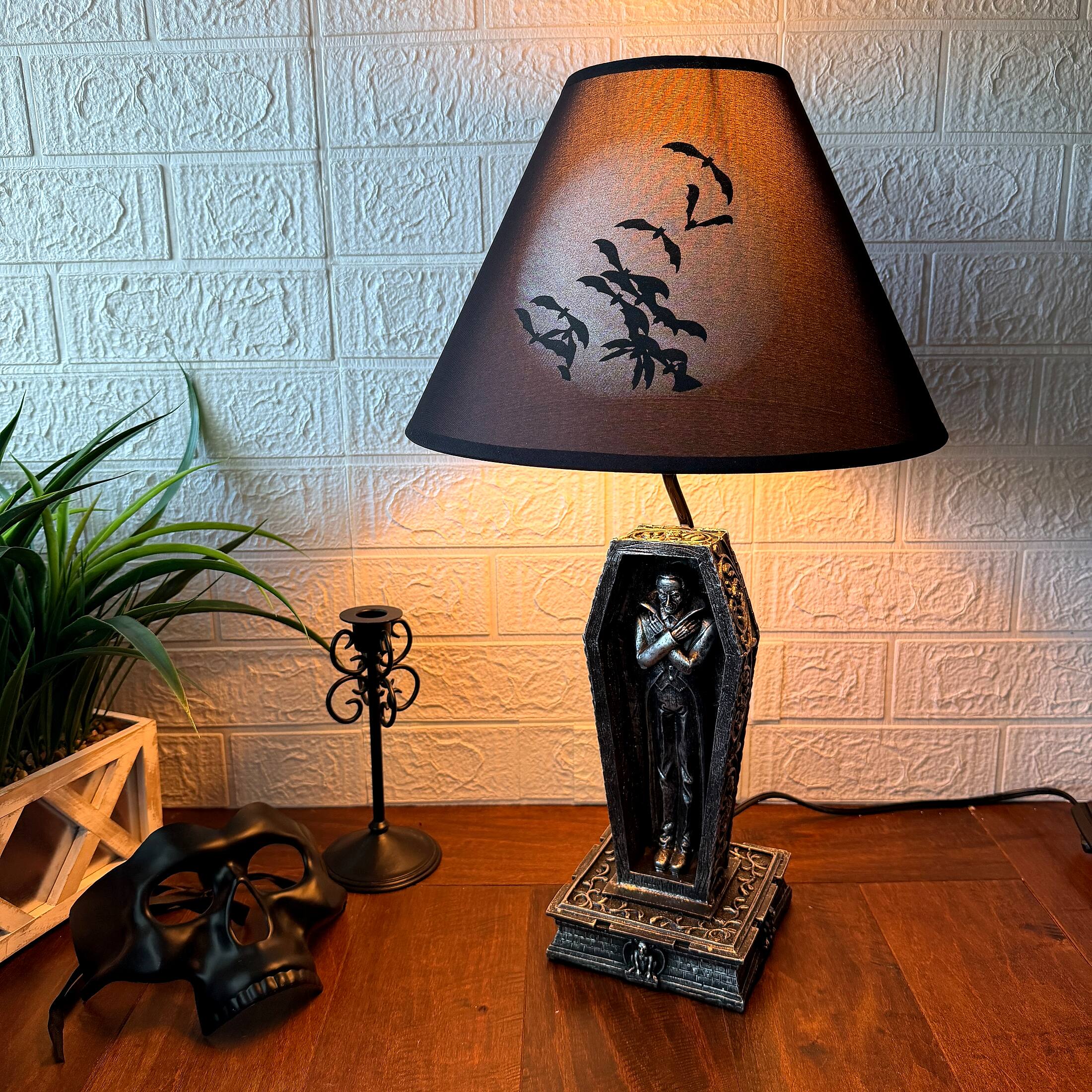 Alt View 3. Zeckos - Dark Dawning Vampire in the Coffin Black Table Lamp and Fabric Shade - Black.