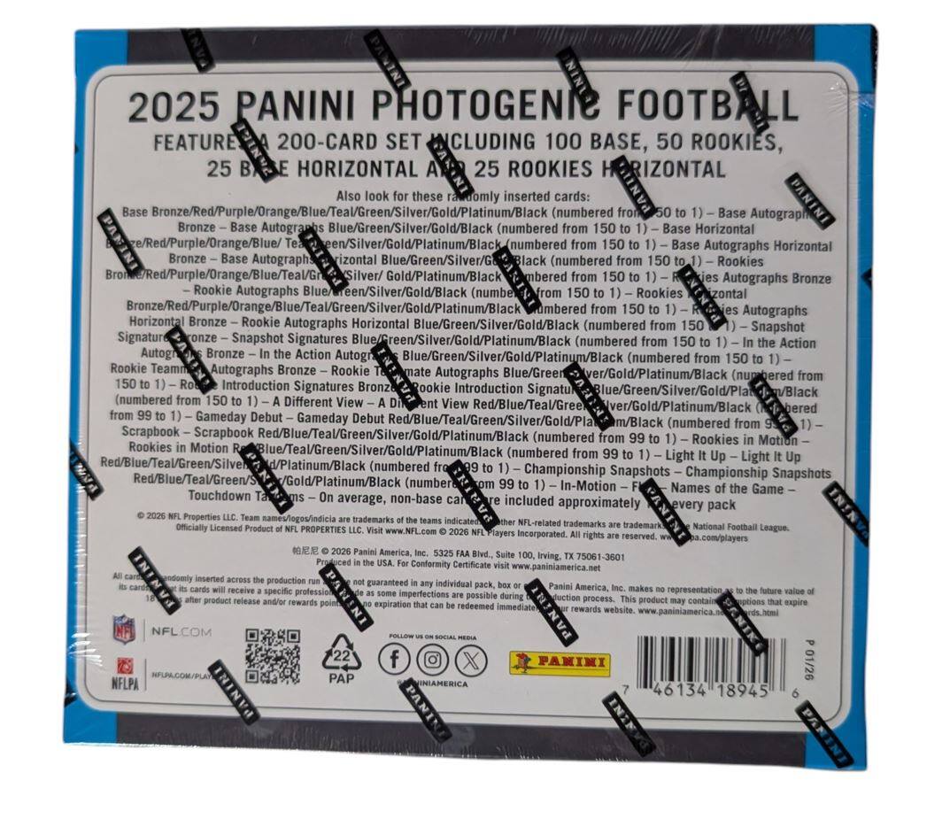 2025 PANINI PHOTOGENIE FOOTBALL  
FEATURE 200-CARD SET INCLUDING 100 BASE, 50 ROOKIES, 25 BASE HORIZONTAL AND 25 ROOKIES HORIZONTAL

Also look for these inserted cards:

- Base (numbered from 150 to 1) – Base Autographs Horizontal Bronze/Red/Purple/Orange/Blue/Teal/Green/Silver/Gold/Platinum/Black
- Base (numbered from 150 to 1) – Base Autographs Horizontal Bronze/Red/Purple/Orange/Blue/Teal/Green/Silver/Gold/Platinum/Black
- Base (numbered from 150 to 1) – Base Autographs Horizontal Bronze/Red/Purple/Orange/Blue/Teal/Green/Silver/Gold/Platinum/Black
- Rookie Autographs Horizontal Bronze/Red/Purple/Orange/Blue/Teal/Green/Silver/Gold/Black (numbered from 150 to 1)
- Rookie Autographs Horizontal Bronze/Red/Purple/Orange/Blue/Teal/Green/Silver/Gold/Black (numbered from 150