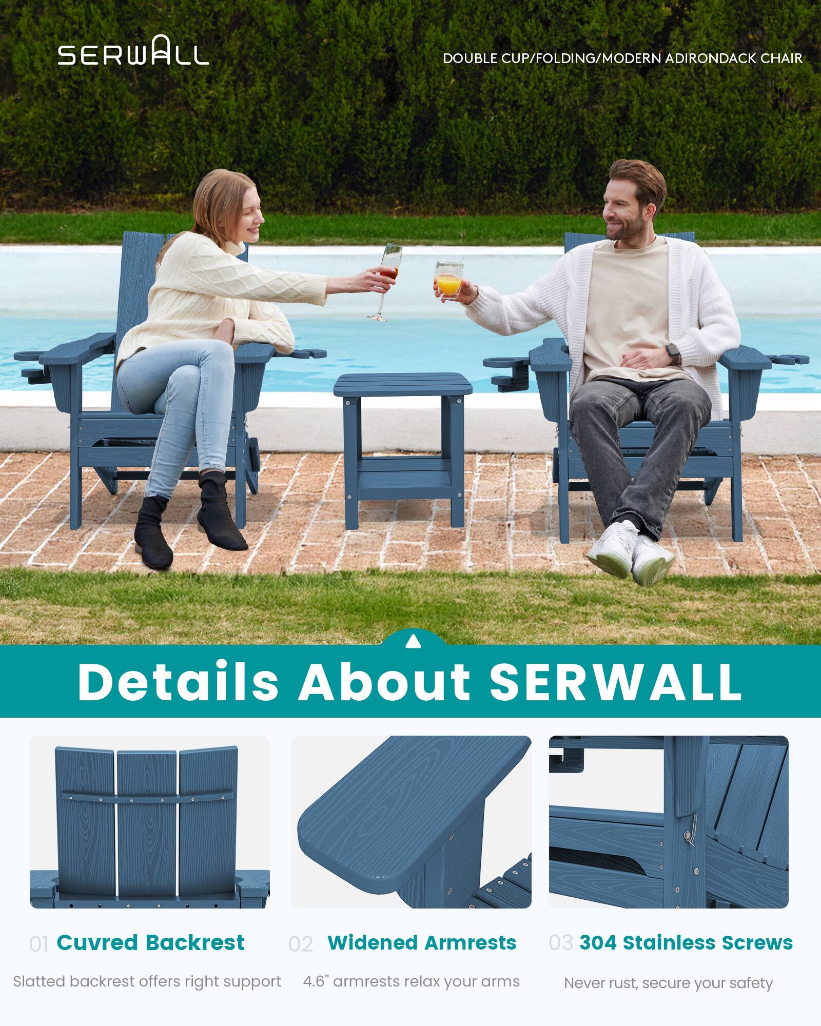 SERWALL Modern Folding Adirondack Chair with Cup Holders, HDPE All ...