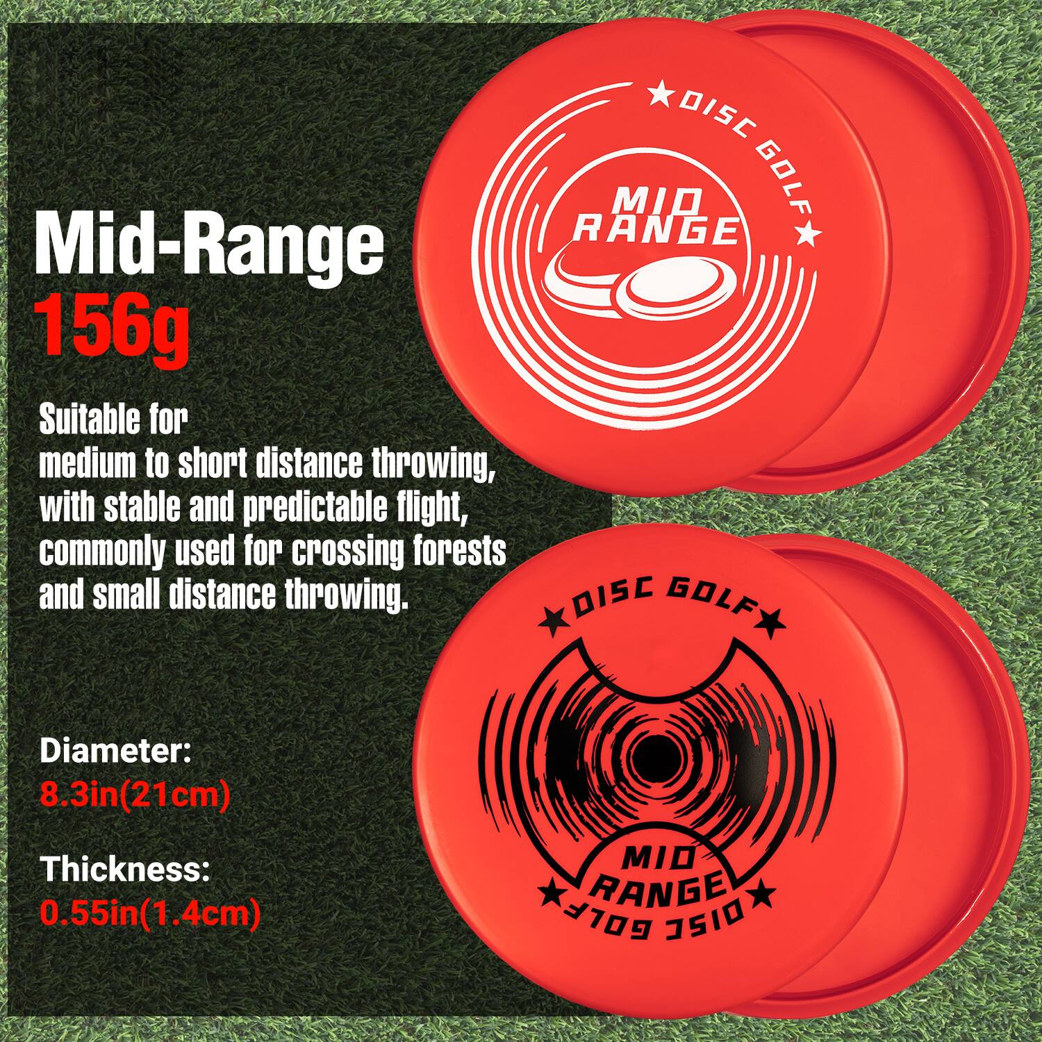 **Mid-Range 156g**

Suitable for medium to short distance throwing, with stable and predictable flight, commonly used for crossing forests and small distance throwing.

**Disc Golf**

- Diameter: 8.3in (21cm)
- Thickness: 0.55in (1.4cm)

**MIO RANGE GOLF 7510**