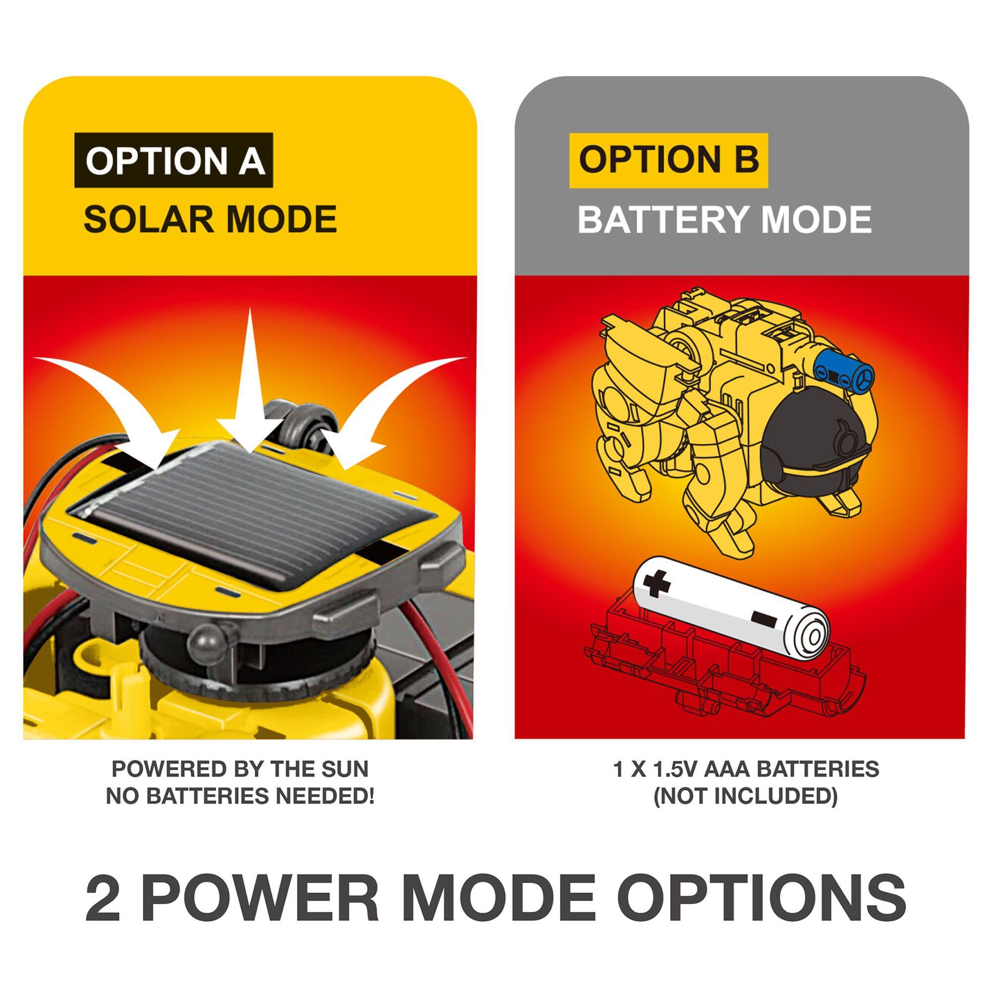 OPTION A: SOLAR MODE  
POWERED BY THE SUN  
NO BATTERIES NEEDED!  

OPTION B: BATTERY MODE  
1 X 1.5V AAA BATTERIES (NOT INCLUDED)  

2 POWER MODE OPTIONS