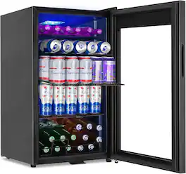 HOOURE - 128 Cans 3.2 Cu.Ft Mini Beverage Fridge Glass Door for Drink Beer Soda Wine, with 4 Adjustable Removable Shelves - Black