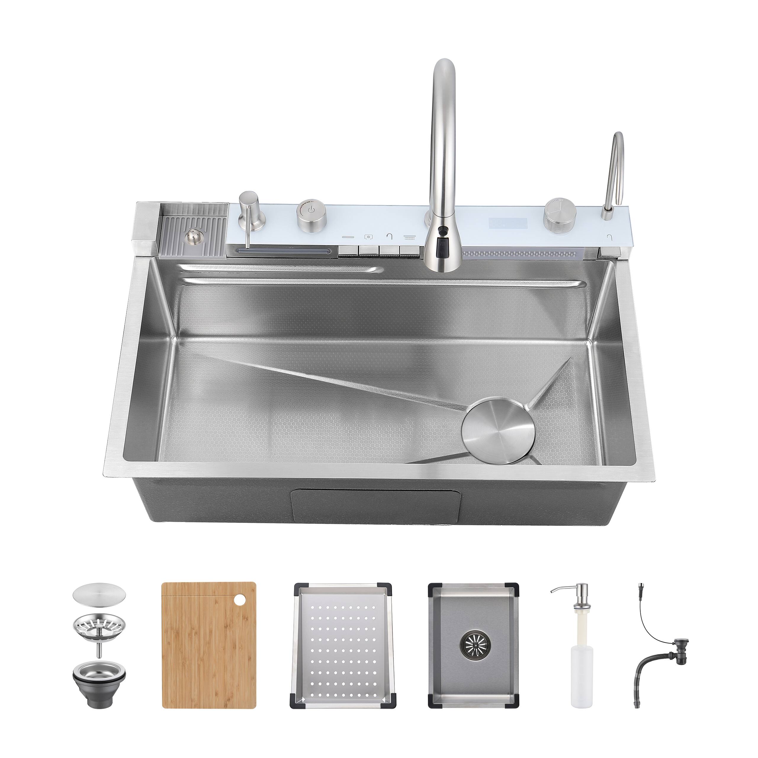 Front. Siljoy - Pull-out Facuet Single Bowl Kitchen Vegetable Sink Waterfall Sink Stainless Steel Household Washing Basin Dark Gray - Dark Gray.