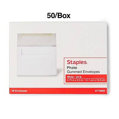 50/Box Staples Photo Gummed Envelopes White 24 lb 4.75 in x 6.5 in (12.1 cm x 16.5 cm) 50 Envelopes ST16985