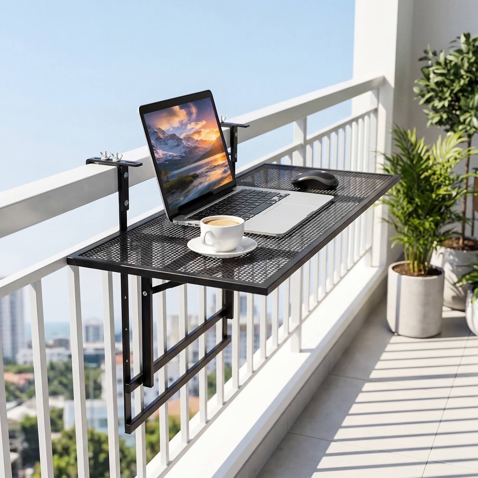 Alt View 3. Gymax - Gymax 31.5'' Balcony Railing Table w/ 5-Position Adjustable Height for Porch Patio - Black.
