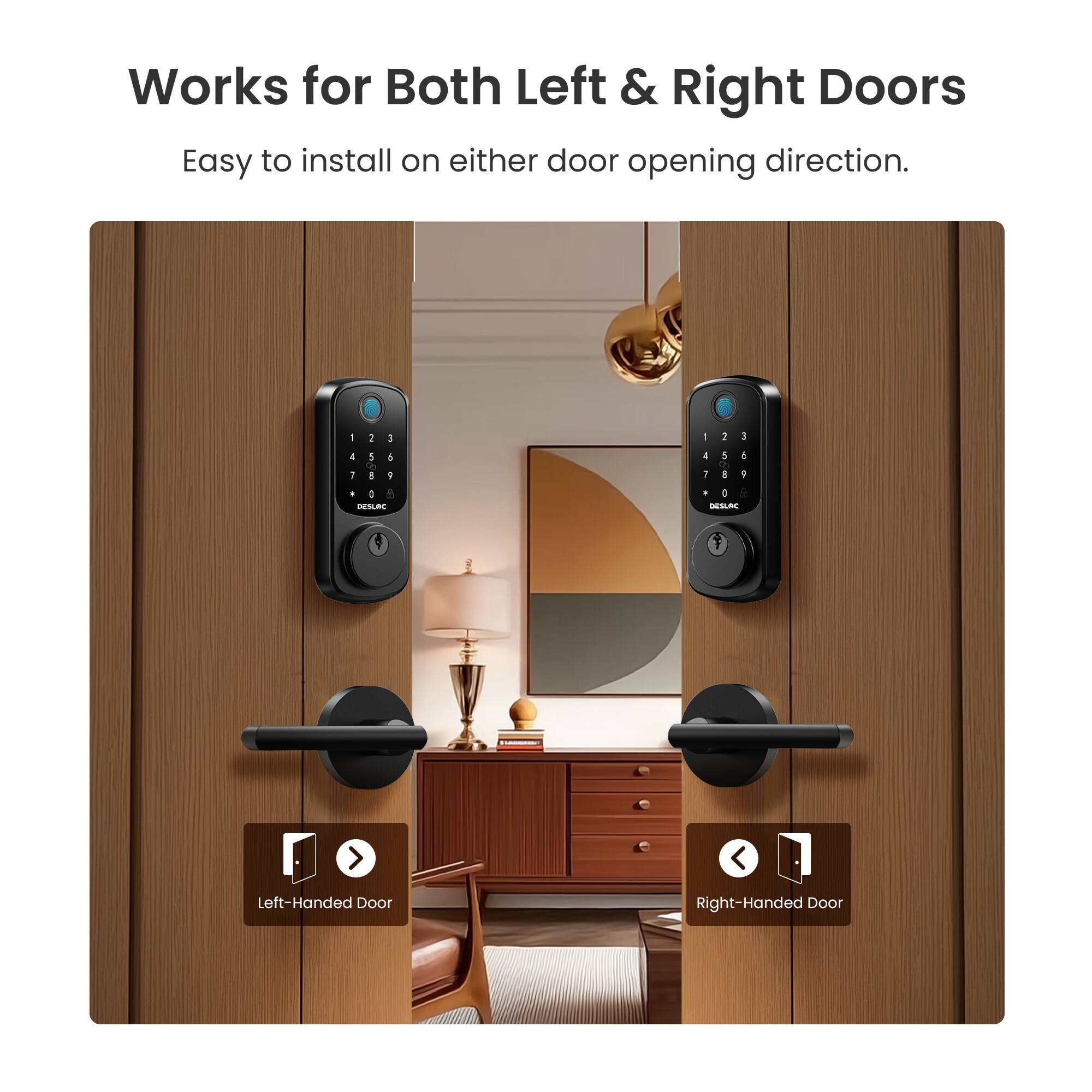 Works for Both Left & Right Doors  
Easy to install on either door opening direction.  

Left-Handed Door  
Right-Handed Door