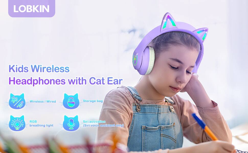 LOBKIN A Kids Wireless Headphones with Cat Ear Wireless / Wire Wired Storage bag RGB breathing light Siri activation (Siri voice assistant only)