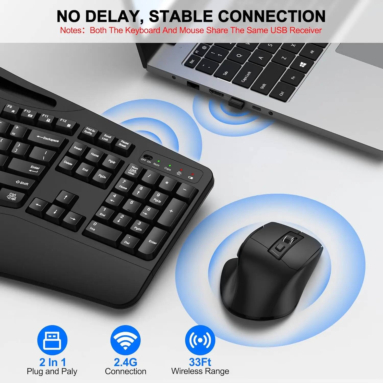 NO DELAY, STABLE CONNECTION  
Notes: Both The Keyboard And Mouse Share The Same USB Receiver  

2 In 1  
Plug and Play  

2.4G  
Connection  

33Ft  
Wireless Range