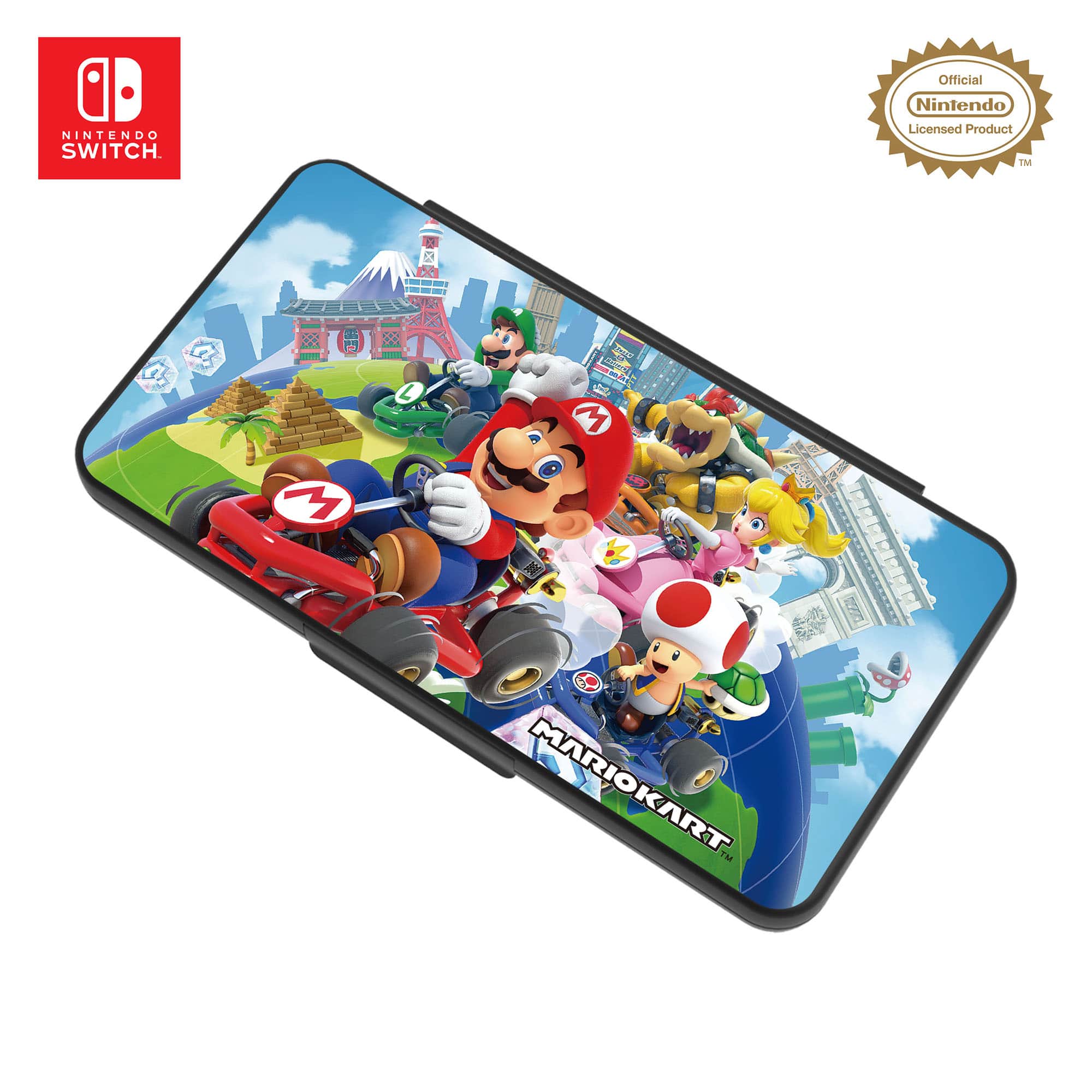 The image features a Nintendo Switch case with a Mario Kart theme. The case is designed to protect the Switch console and is an official Nintendo licensed product. The Mario Kart theme showcases various characters from the popular video game series, including Mario, Luigi, and Yoshi. The case is a fun and functional accessory for any Nintendo Switch owner who enjoys the Mario Kart games.