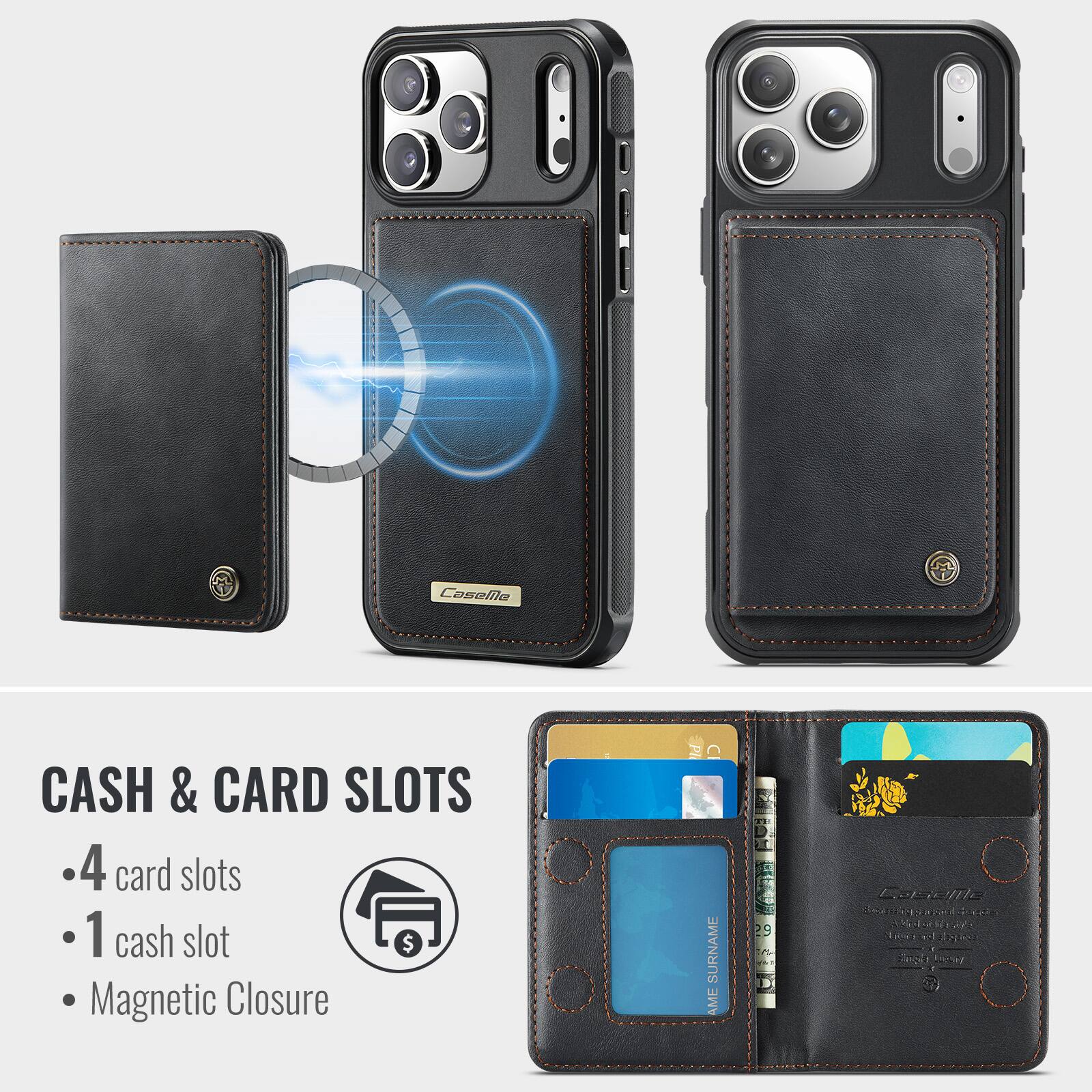 Caselila CASH & CARD SLOTS  
4 card slots  
1 cash slot  
Magnetic Closure  

Id SURNAME AME 1 29 2 oete 20Esar XR SH TKT ad DXS 2epl