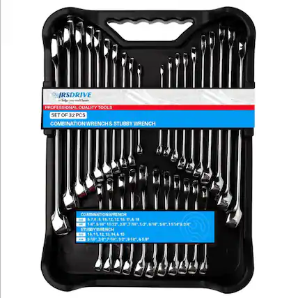 IRSDRIVE helps you work better.
PROFESSIONAL QUALITY TOOLS
SET OF 32 PCS
COMBINATION WRENCH & STUBBY WRENCH
COMBINATION WRENCH
SAE: 6, 7, 8, 9, 10, 12, 13, 15, 17, 18
MM: 1/4", 5/16", 11/32", 3/8", 7/16", 1/2", 9/16", 5/8", 11/16", 3/4"
STUBBY WRENCH
SAE: 10, 11, 12, 13, 14, 15
MM: 5/16", 3/8", 7/16", 1/2", 9/16", 5/8"