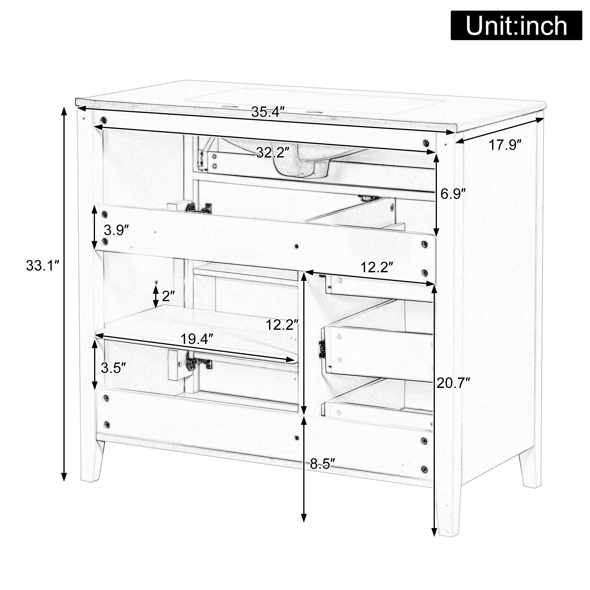 Unit: inch  
35.4"  
32.2"  
17.9"  
6.9"  
3.9"  
33.1"  
12.2"  
2"  
19.4"  
12.2"  
3.5"  
20.7"  
8.5"