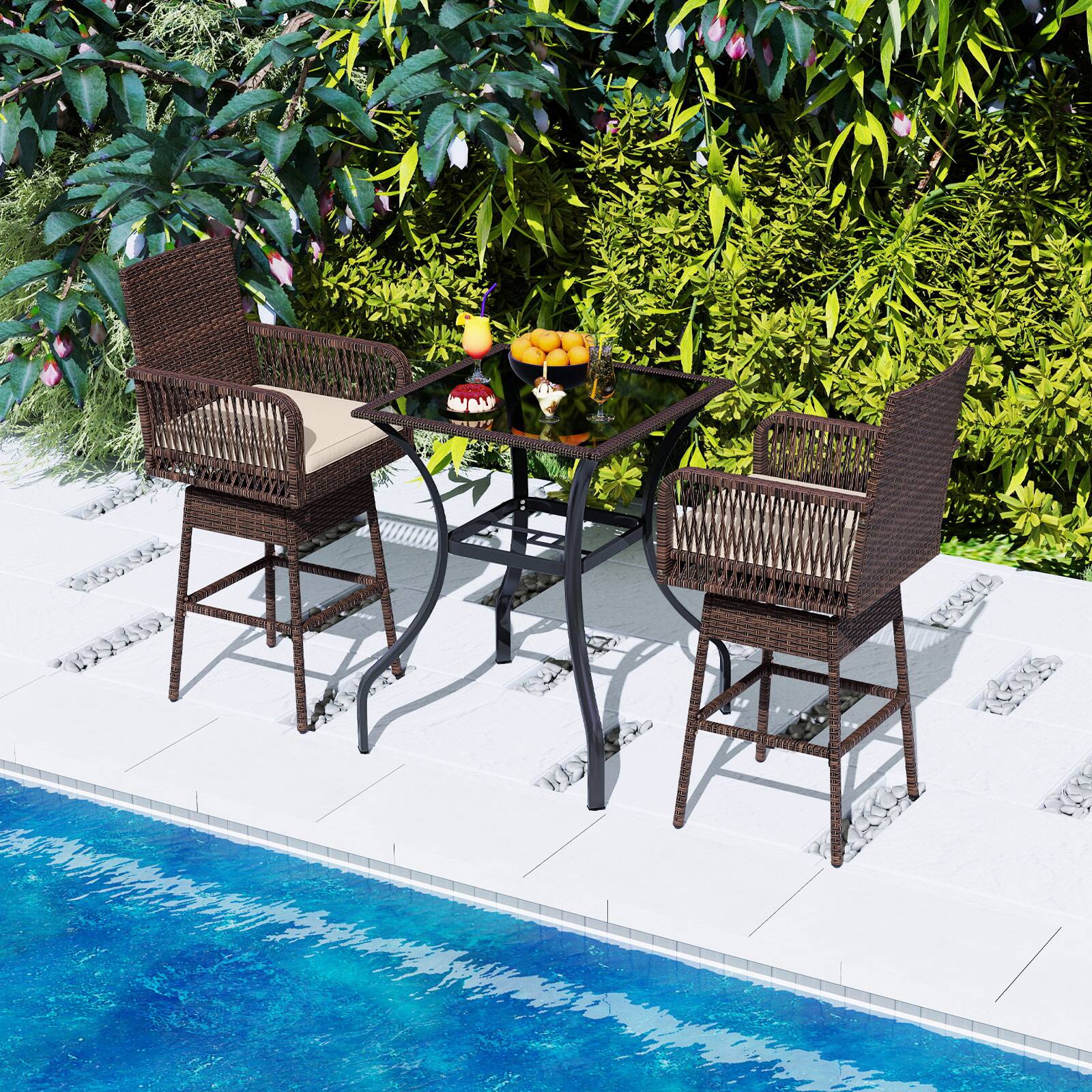 Alt View 1. Costway - Costway 1 PCS 29" Patio 360° Swivel Bar Stool with Cross-Woven Armrests Footrest & Seat Cushion - Brown.