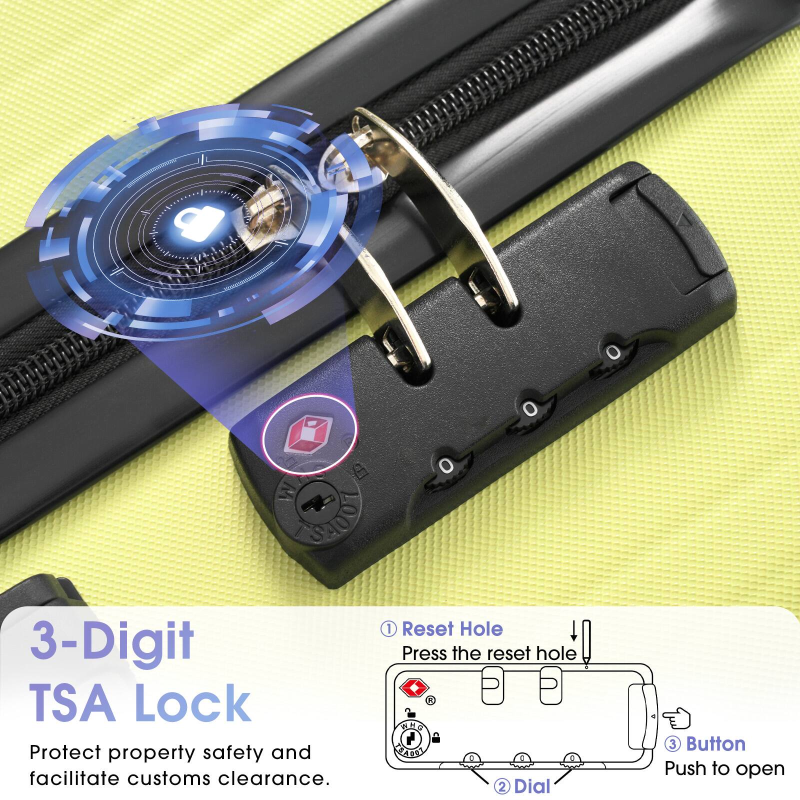 3-Digit TSA Lock  
Protect property safety and facilitate customs clearance.  

1. Reset Hole  
Press the reset hole  

2. Dial  

3. Button  
Push to open