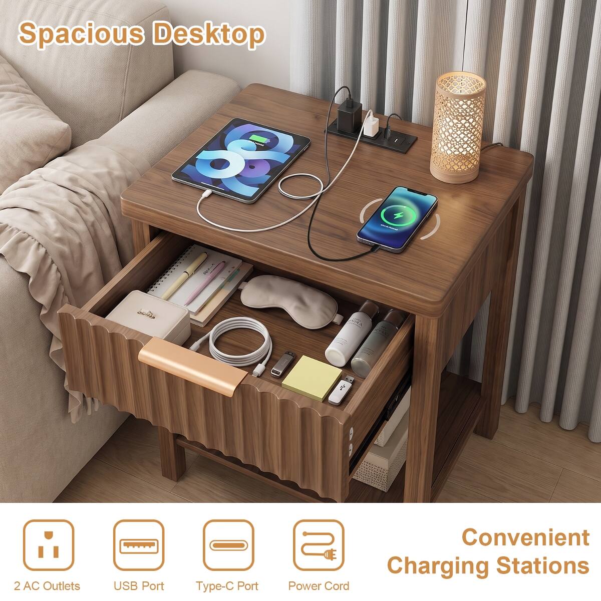 Spacious Desktop

2 AC Outlets
USB Port
Type-C Port
Power Cord

Convenient Charging Stations