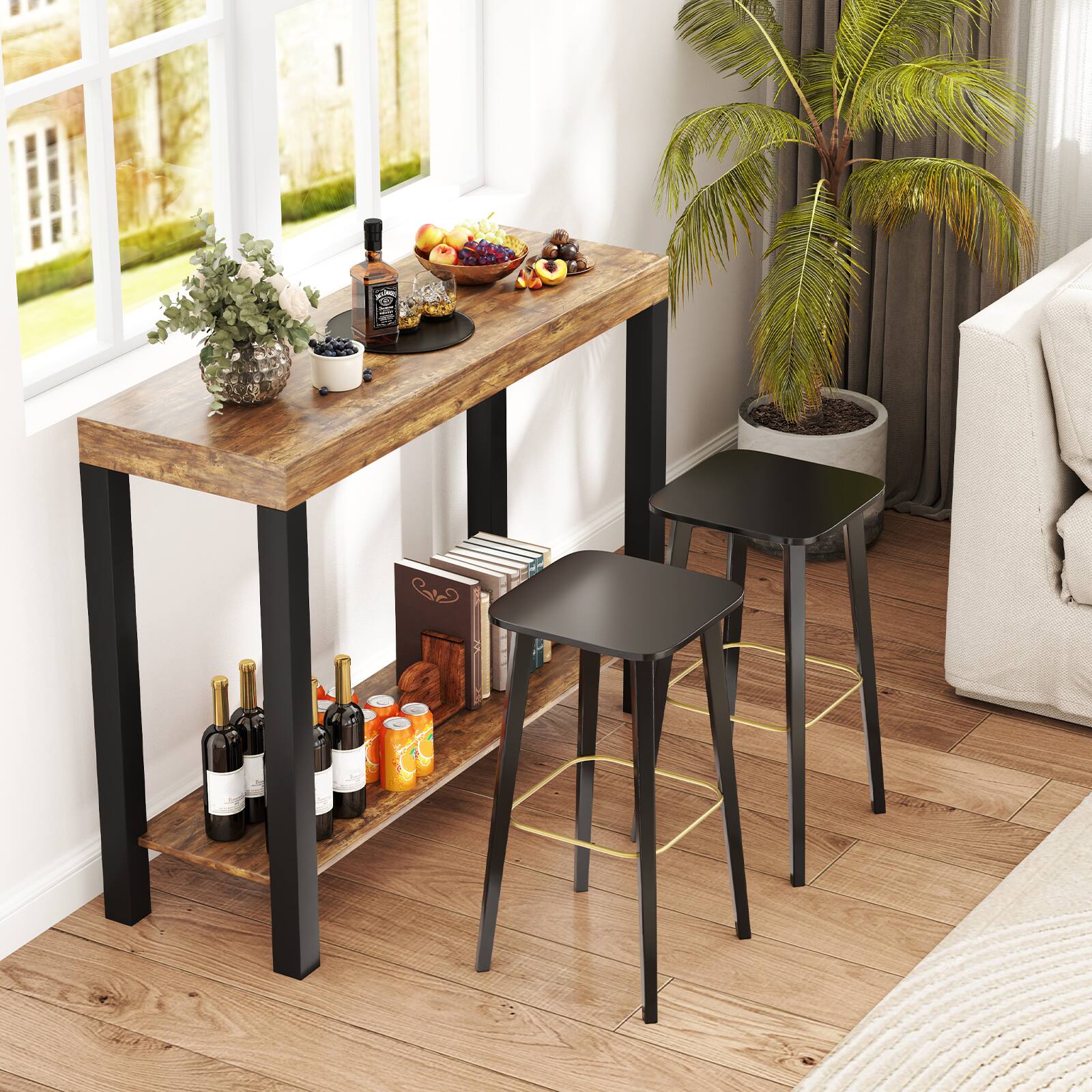 Alt View 3. Gymax - Gymax 2-Tier Home Bar Table w/ Open Shelves Sofa Side Table w/ Storage for Home - Rustic Brown, Black.