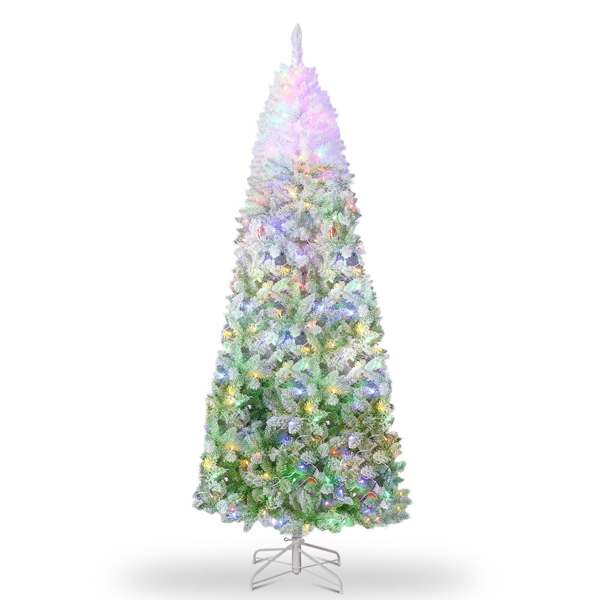 Alt View 1. Acekool - 7.5ft Snow Flocked Pencil Christmas Tree with Pink Gradient, Slim Artificial Xmas Tree - White+Green.
