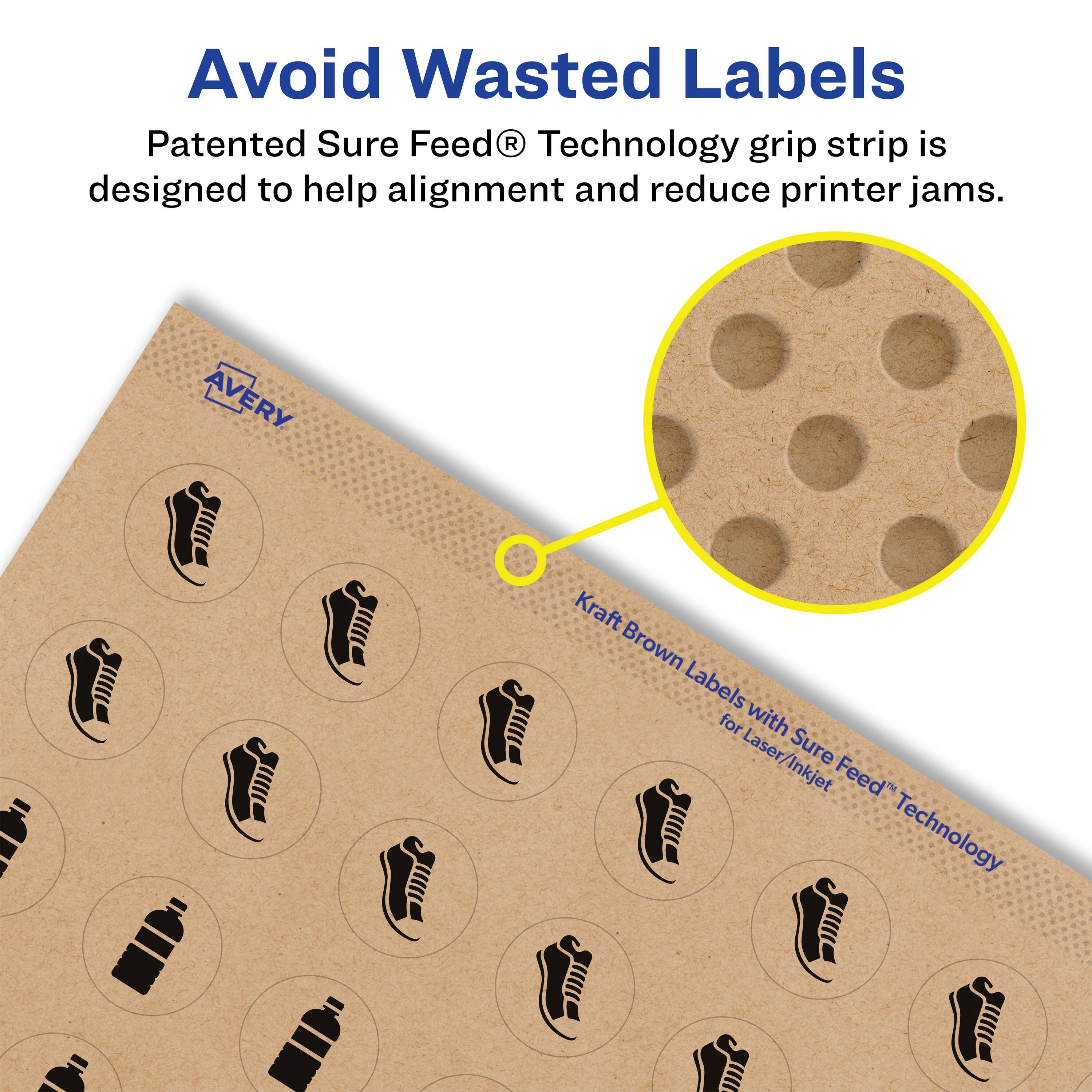Avoid Wasted Labels

Patented Sure Feed® Technology grip strip is designed to help alignment and reduce printer jams.

Avery Kraft Brown Labels for Laser/Inkjet with Sure Feed® Technology