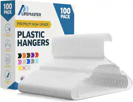 Lifemaster - Plastic Hangers – Heavy Duty, Non-Slip, Space-Saving, Holds 5 lbs, for Clothes, Dresses & Coats, Pack of 100 - White