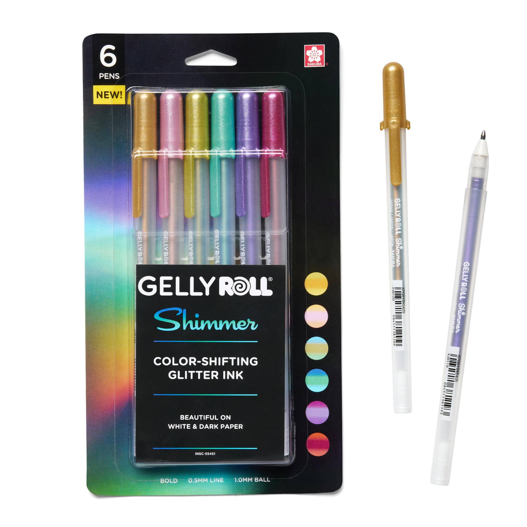 6 PENS  
SAKURA  
NEW!  
GELLYROLL Shimmer COLOR-SHIFTING GLITTER INK BEAUTIFUL ON WHITE & DARK PAPER  
GELLYROLL SAKURA Shimmer SCHEESO 015-420 200  
FACTIVA OR ANY  
GELLY ROLL Shimmer 002405  
INSC-55451  
BOLD 0.5MM LINE  
1.0MM BALL