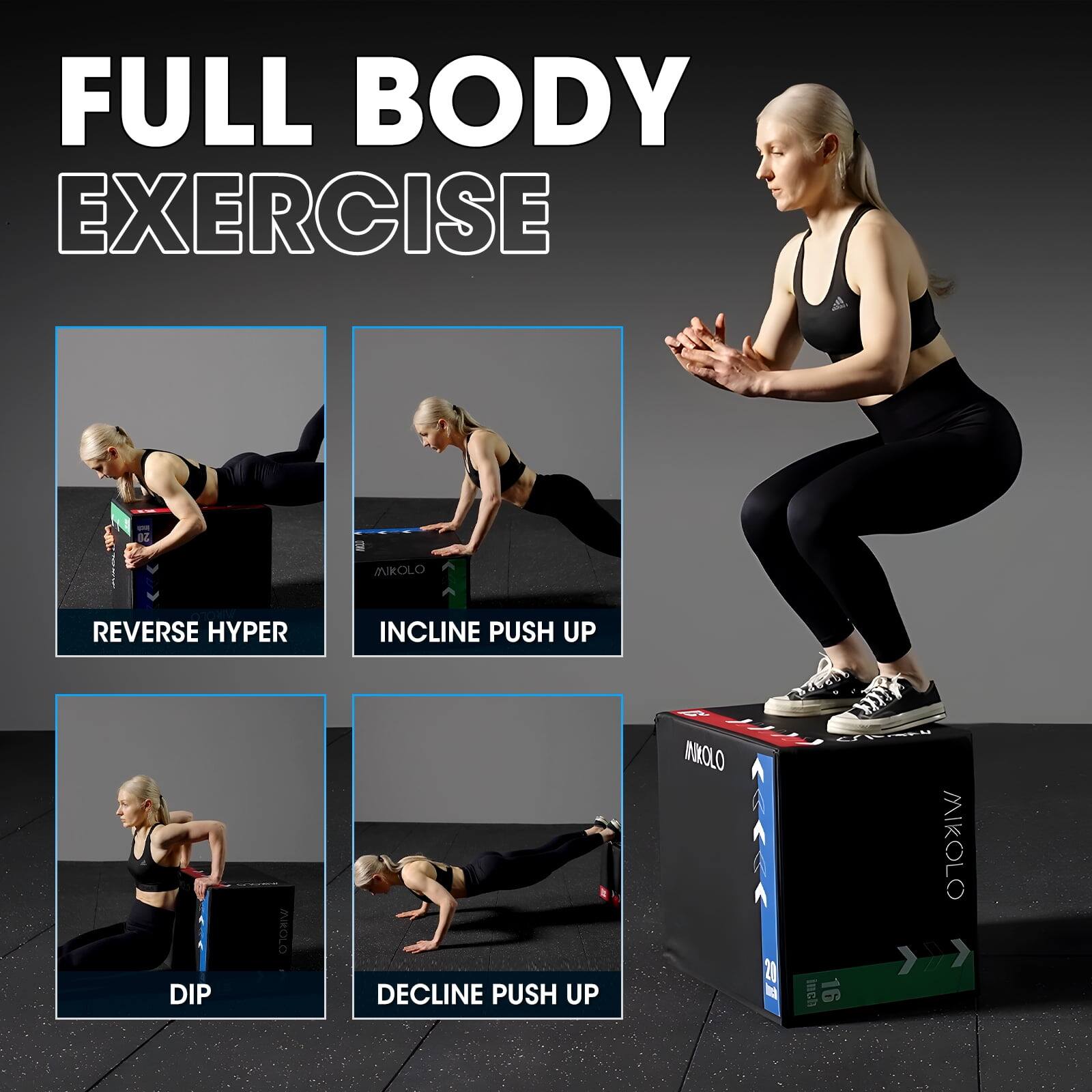 FULL BODY EXERCISE

- REVERSE HYPER
- INCLINE PUSH UP
- DIP
- DECLINE PUSH UP