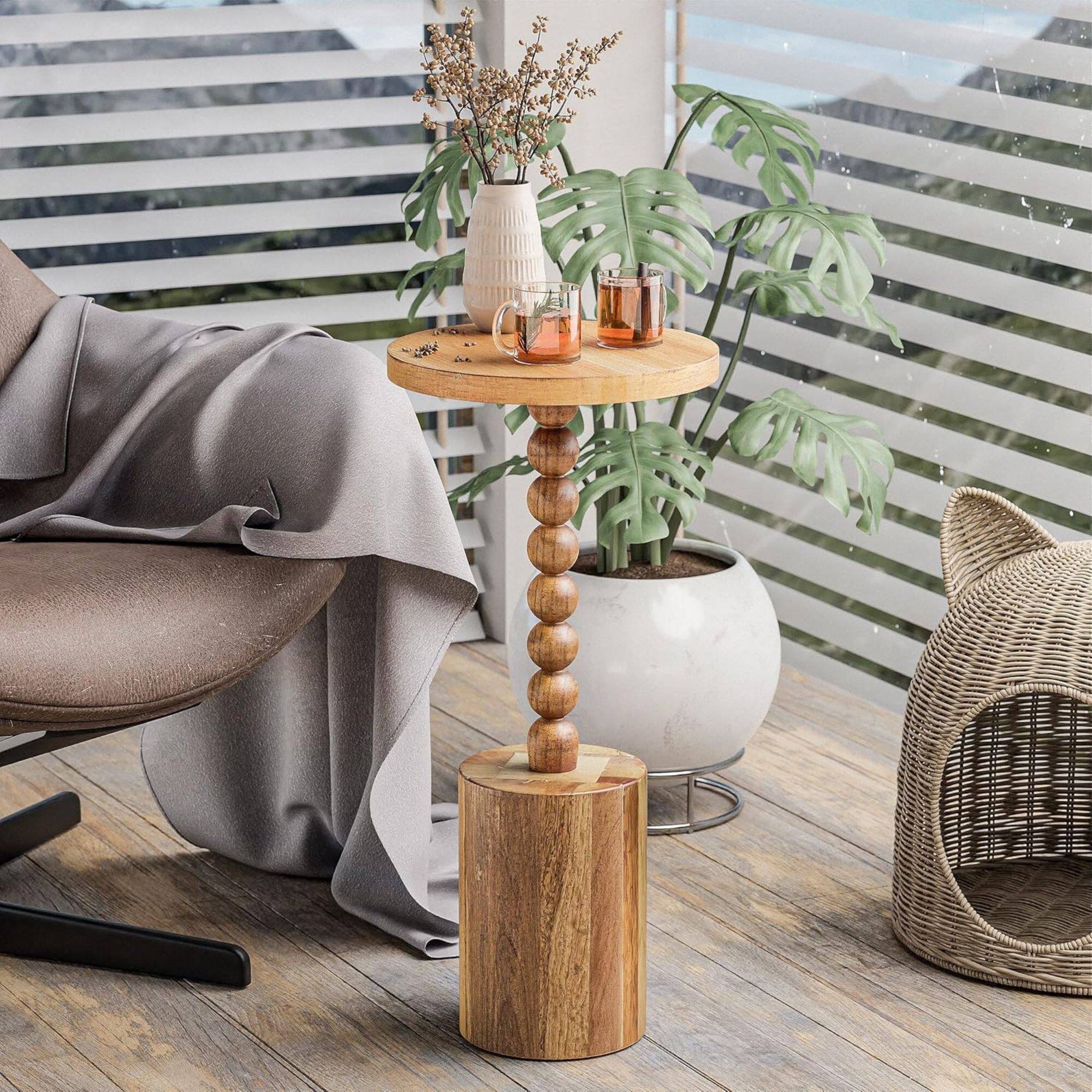 Alt View 8. COZAYH - COZAYH Farmhouse Round Pedestal Martini Table for Living Rooms & Bedrooms, Brown - Natural Wood Color.