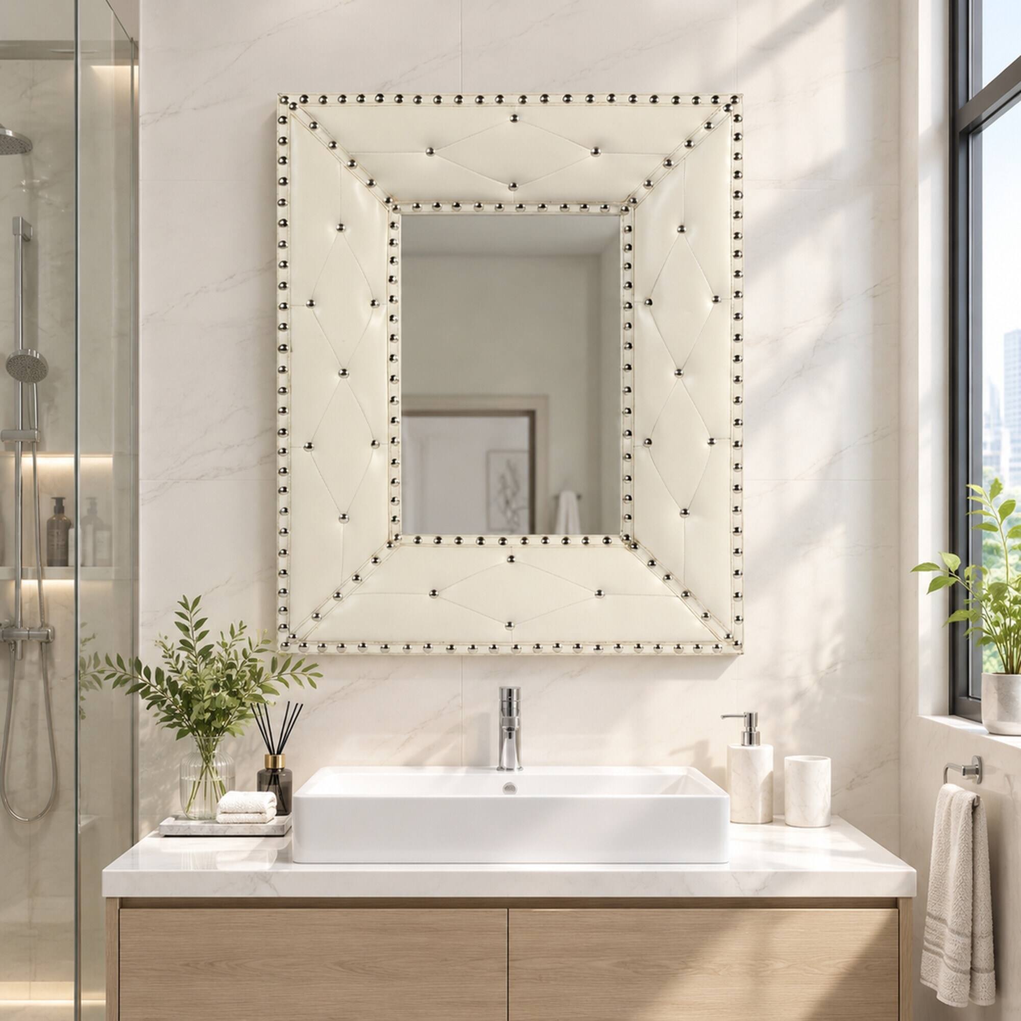 Angle. RYHNUYNE - Rectangle Decorative Wall Mirror, 21x26 in, PU MDF Frame, Rivet Detail, Vanity and Entryway Decor - White.