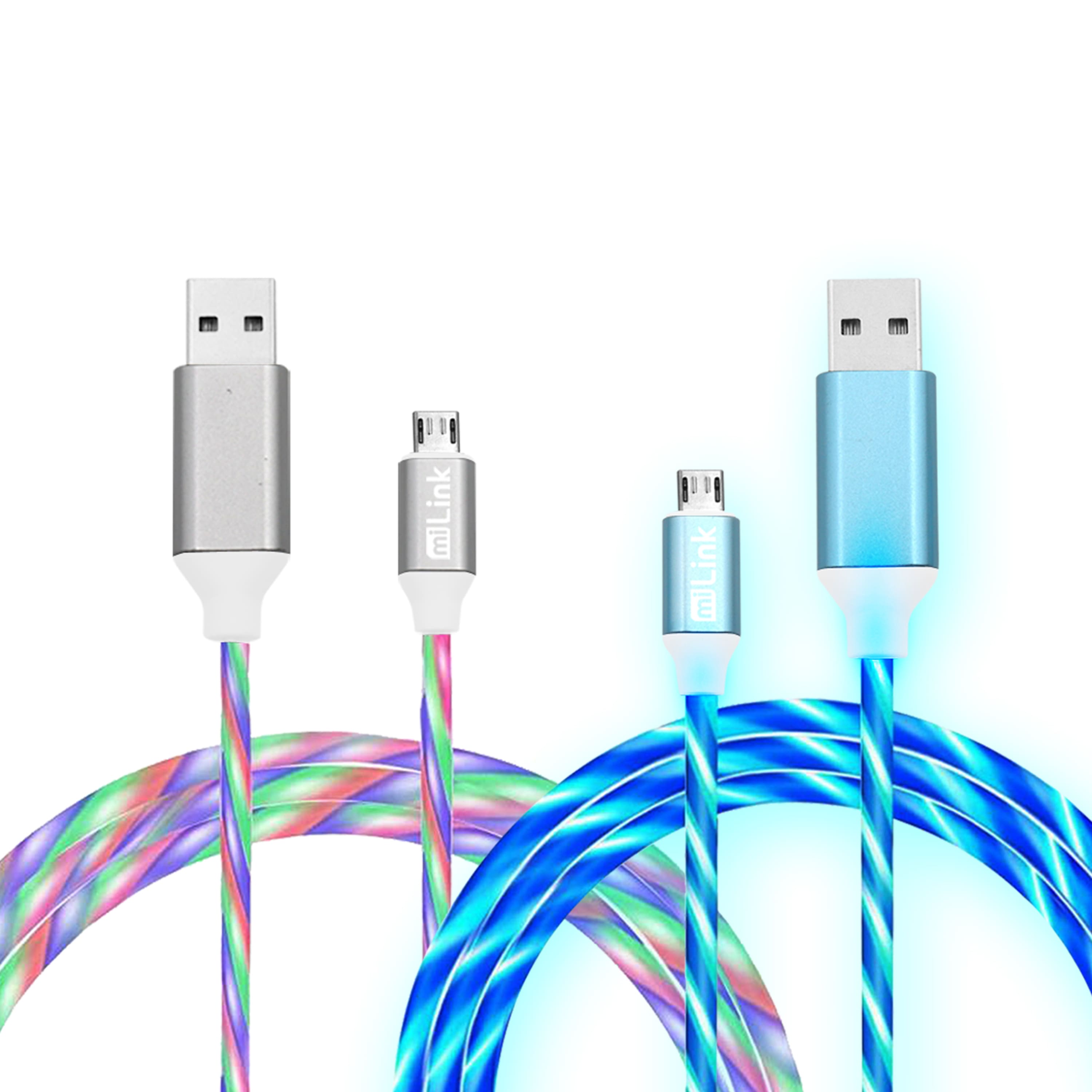 miLink - 2-Pack 6’ Lighted Micro USB Charging Cable with Glowing Light Streamer