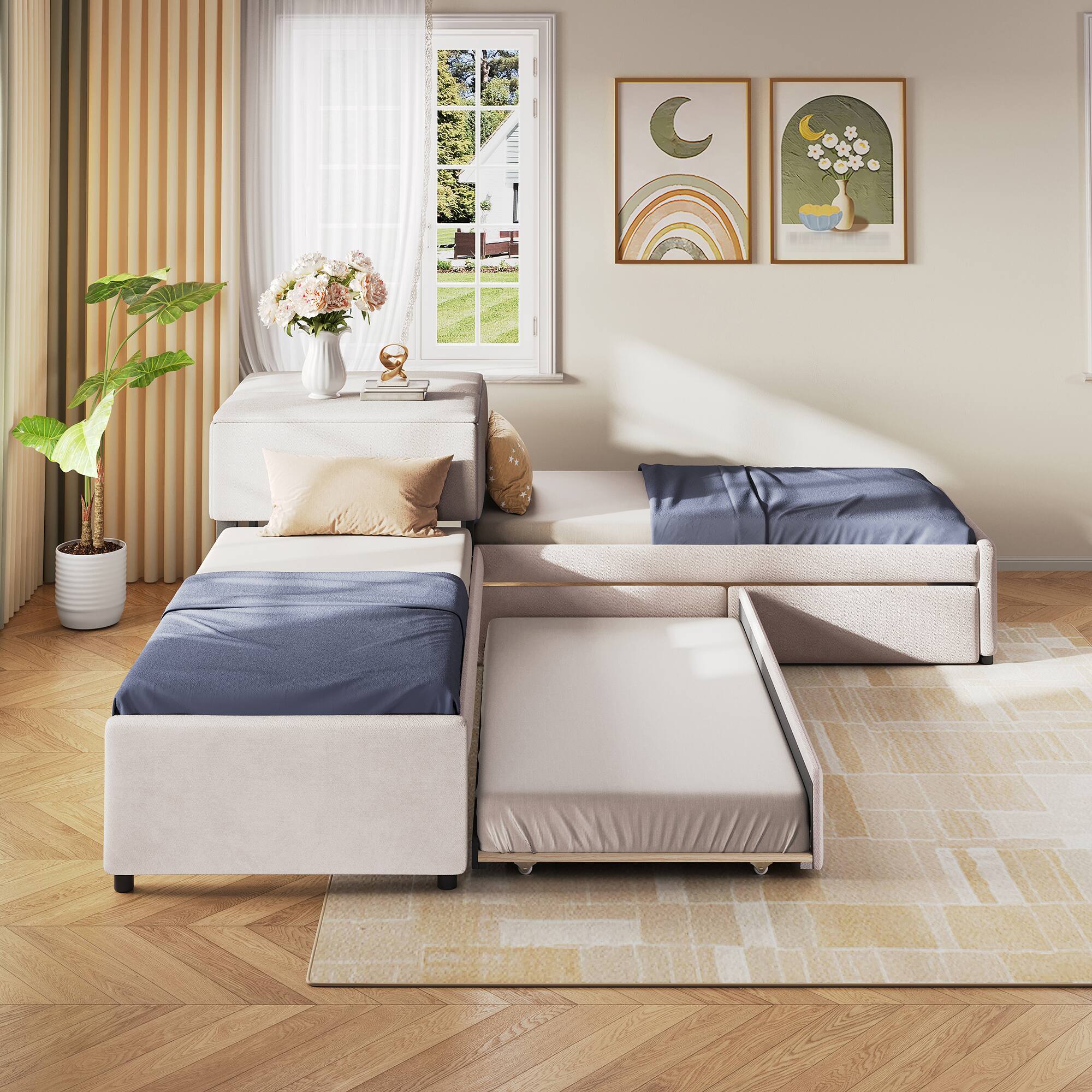 Left. Whisen - Twin Size 3-Bed L-Shaped Platform Bed with Trundle, Storage Drawers, Built-in Desk, Linen Upholstery - Beige.