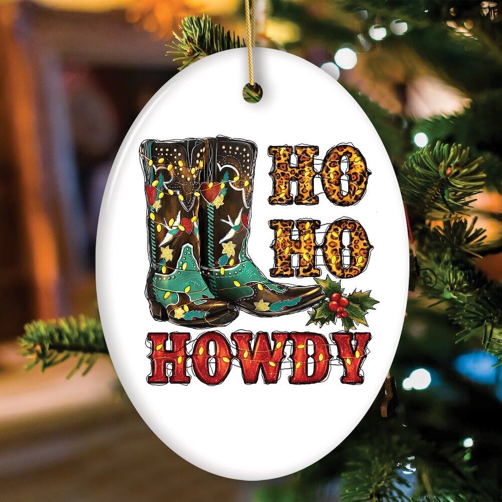 Left. OrnamentallyYou - Festive Western Cowboy Christmas Ornament Bundle with Plaid Boots Guns and Cactus - Multi-colored.