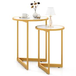Gymax - Round Nesting Side Table Set of 2 Stacking Coffee Tables w/ Faux Marble Tabletop - White + Gold