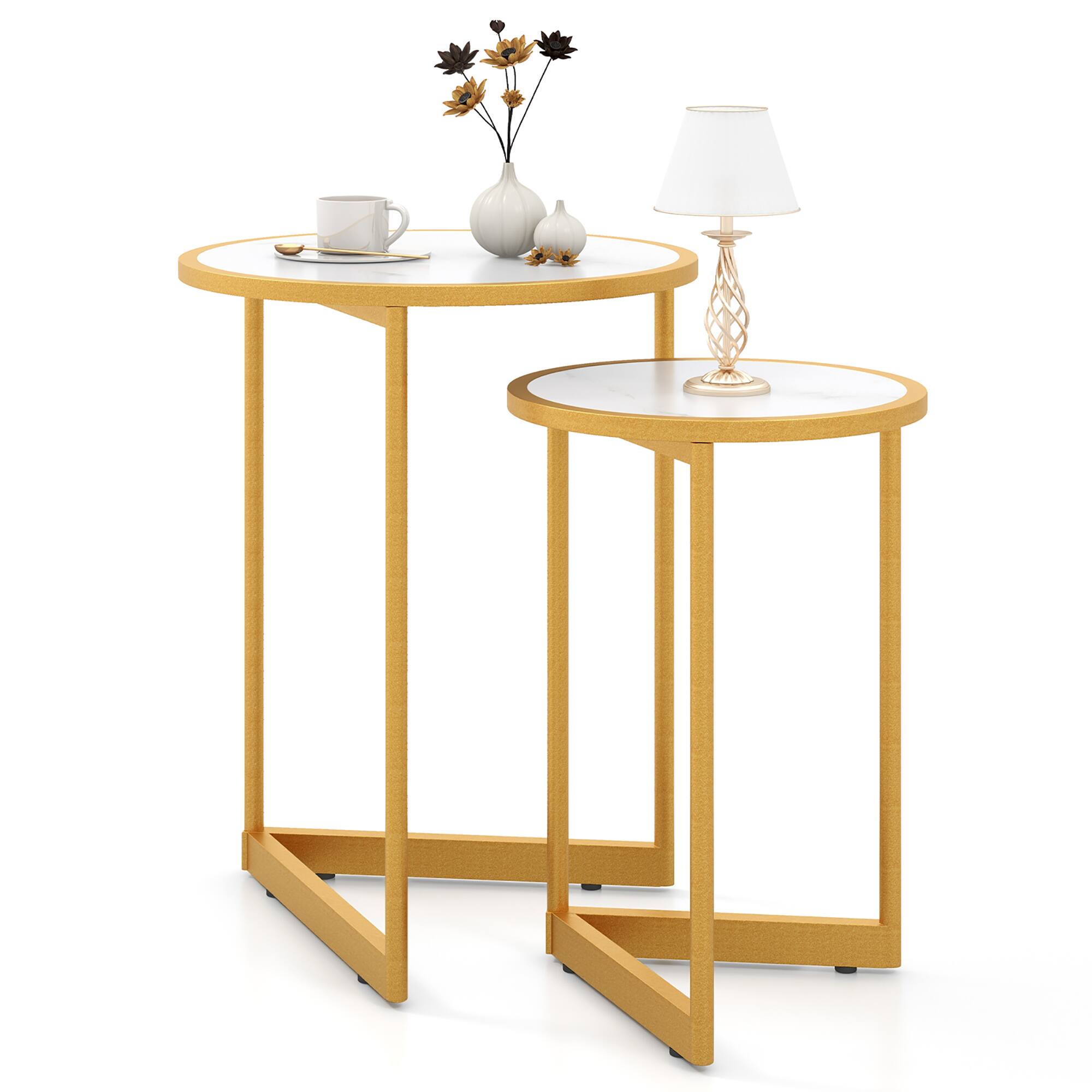 Front. Gymax - Gymax Round Nesting Side Table Set of 2 Stacking Coffee Tables w/ Faux Marble Tabletop - White + Gold.