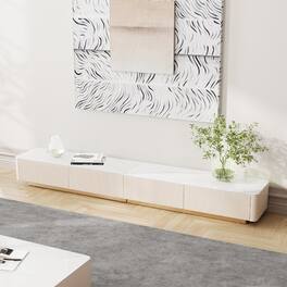 POVISON - 95" Long Fluted TV Stand with Glossy Sintered Stone Top, Entertainment Center Fits TVs Up to 85 Inches - Beige