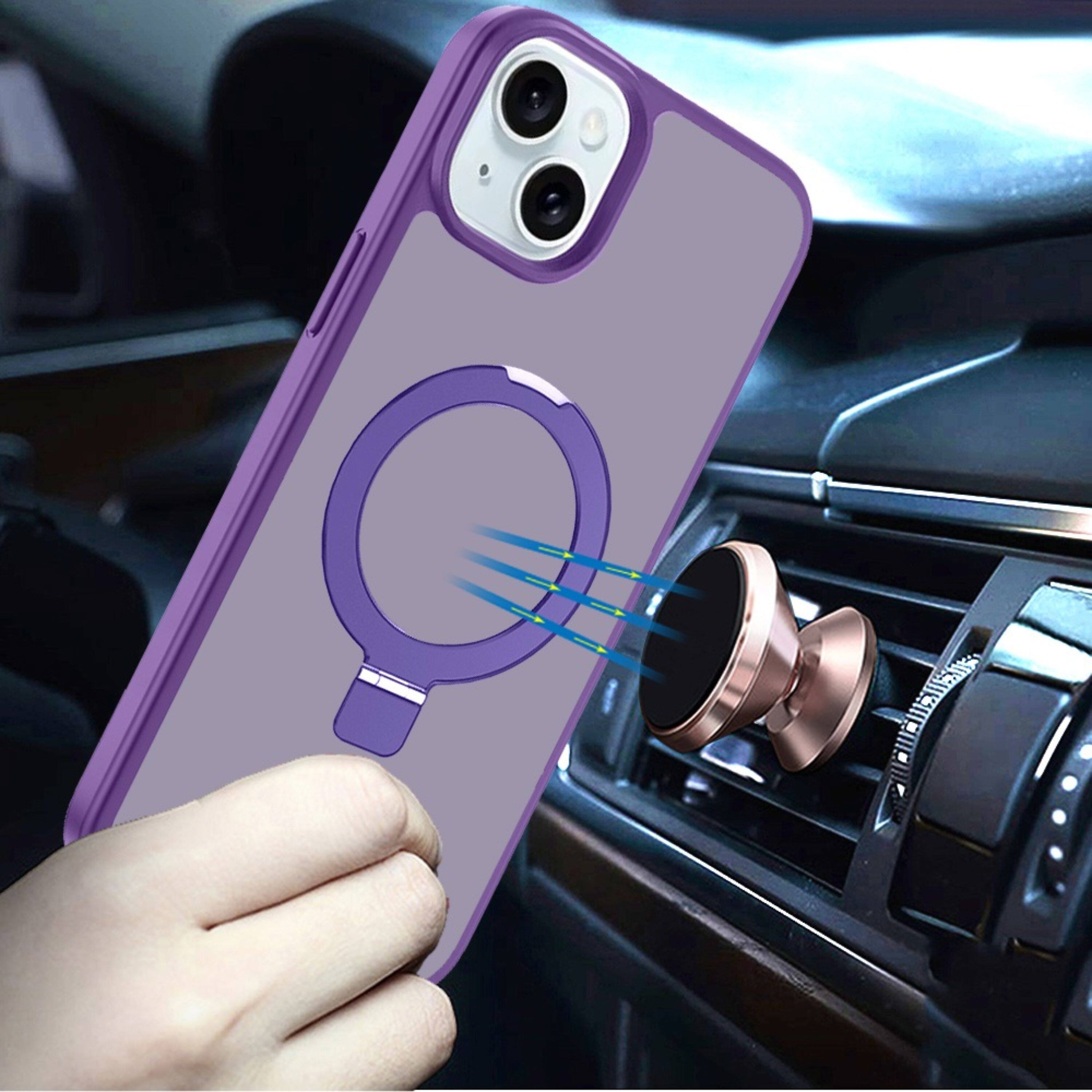 Angle. Kitcheniva - Metal Circle Ring Stand Rugged Cover With Tempered Glass For iPhone 13/14 Dark Purple - Dark Purple.