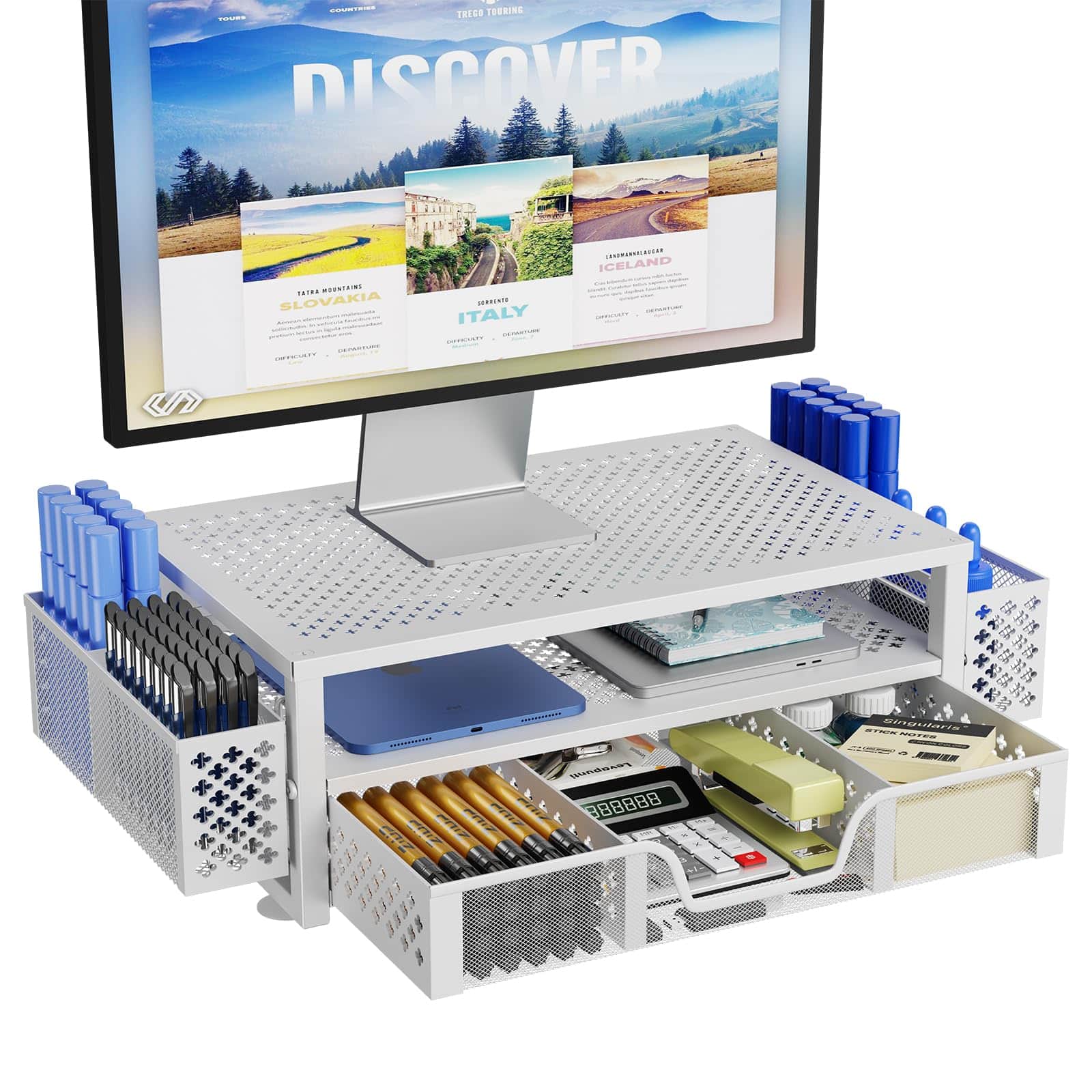 ThinkLink Electronic - Tier Metal Monitor Stand Riser Computer Desk Organizer Drawer Pen Holder Laptop Imac High Quality - White 16"W x 10"D x 6.25"H