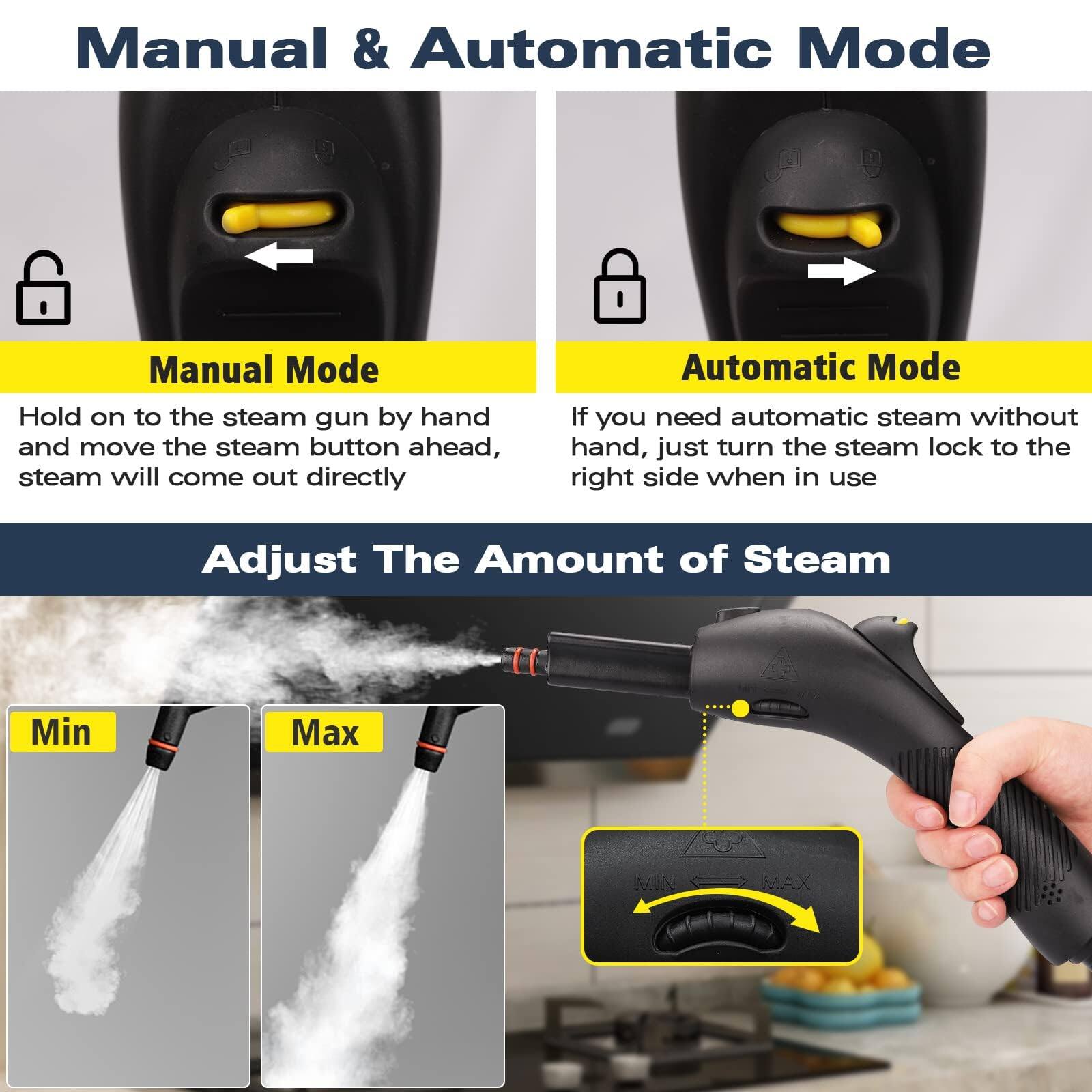 **Manual & Automatic Mode**

**Manual Mode**
Hold on to the steam gun by hand and move the steam button ahead, steam will come out directly.

**Automatic Mode**
If you need automatic steam without hand, just turn the steam lock to the right side when in use.

**Adjust The Amount of Steam**

- Min
- Max