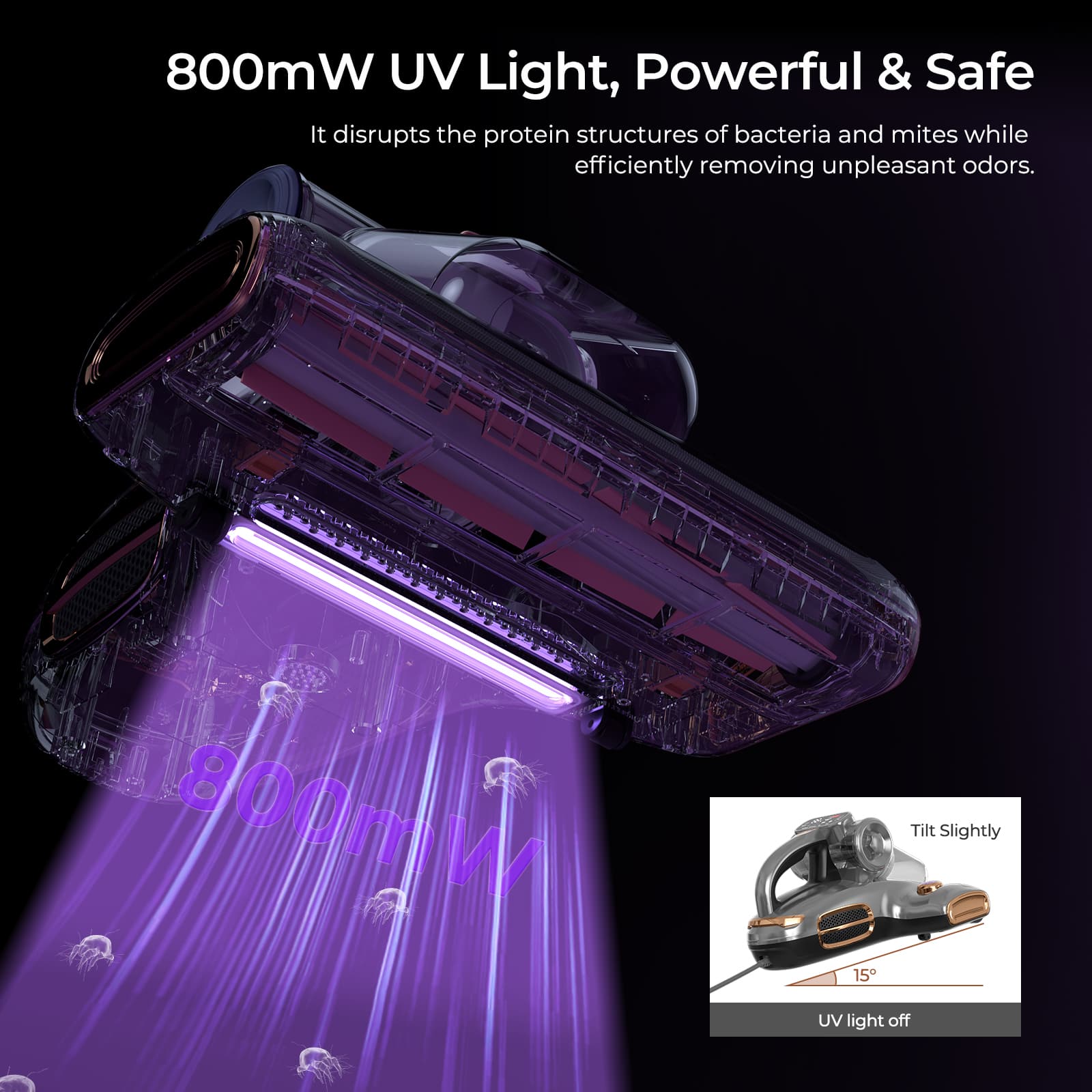800mW UV Light, Powerful & Safe: It disrupts the protein structures of bacteria and mites while efficiently removing unpleasant odors. Tilt slightly to turn on UV light.