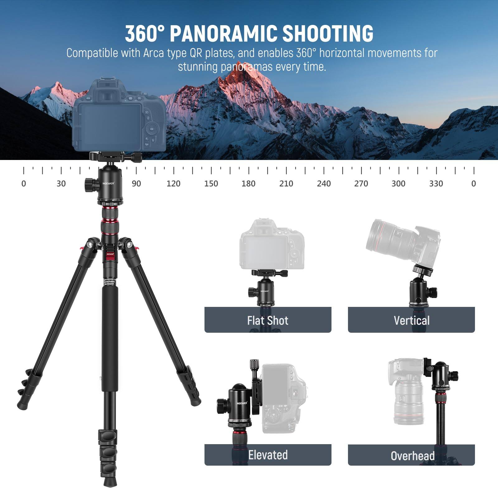 360° PANORAMIC SHOOTING  
Compatible with Arca type QR plates, and enables 360° horizontal movements for stunning panoramas every time.  

0 30 90 120 150 180 210 240 270 300 330 0  

Flat Shot  
Vertical  
Elevated  
Overhead
