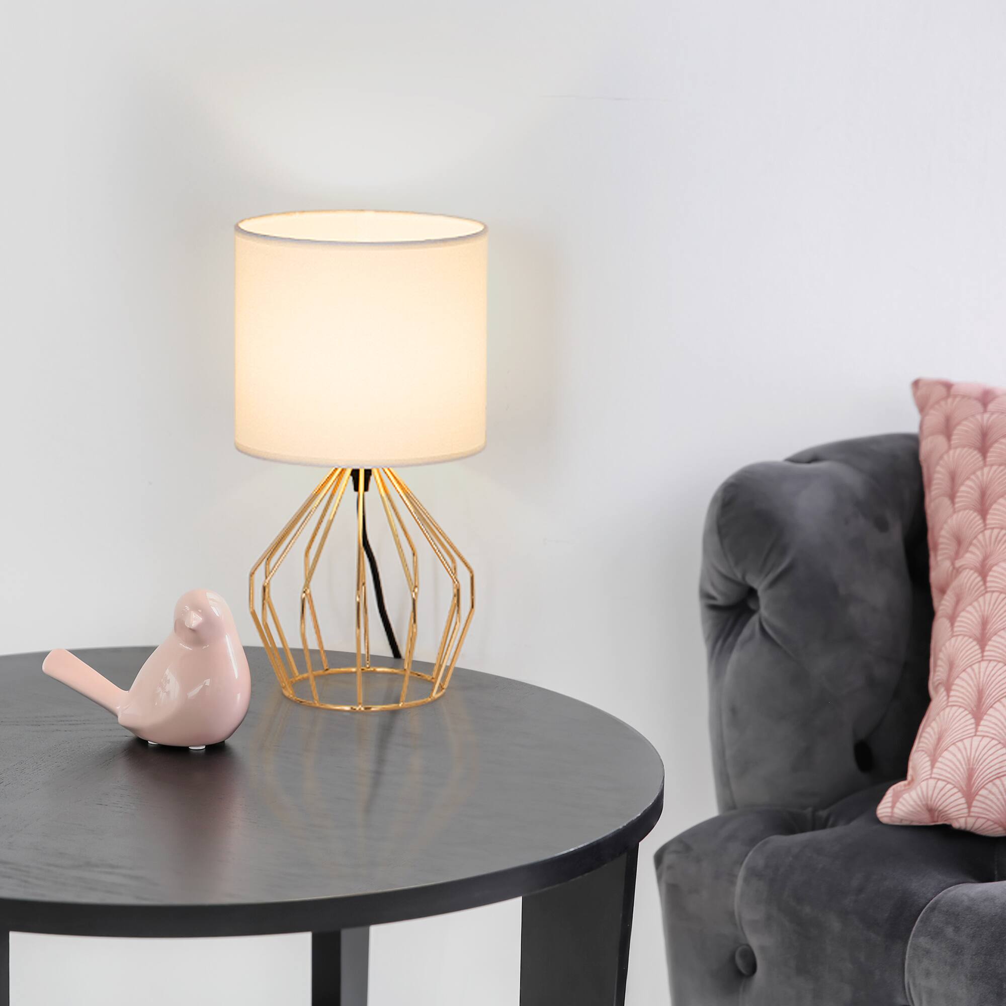 Alt View 1. Oumilen - Modern Geometric Rose Gold Table Lamp – White Shade with In-Line Switch for Bedroom, Living Room.