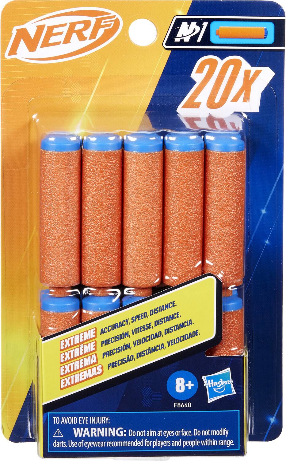 NERF I 20x DISTANCE. SPEED, DISTANCE. ACCURACY, VITESSE, DISTANCIA. EXTREME PRECISION, VELOCIDAD, VELOCIDADE. EXTREME PRECISION, DISTANCIA, EXTREMA PRECISION, EXTREMAS 8+ Hasbro F8640 TO AVOID EYE INJURY: ! WARNING: Do not aim at eyes or face. Do not modify darts. Use of eyewear recommended for players and people within range.