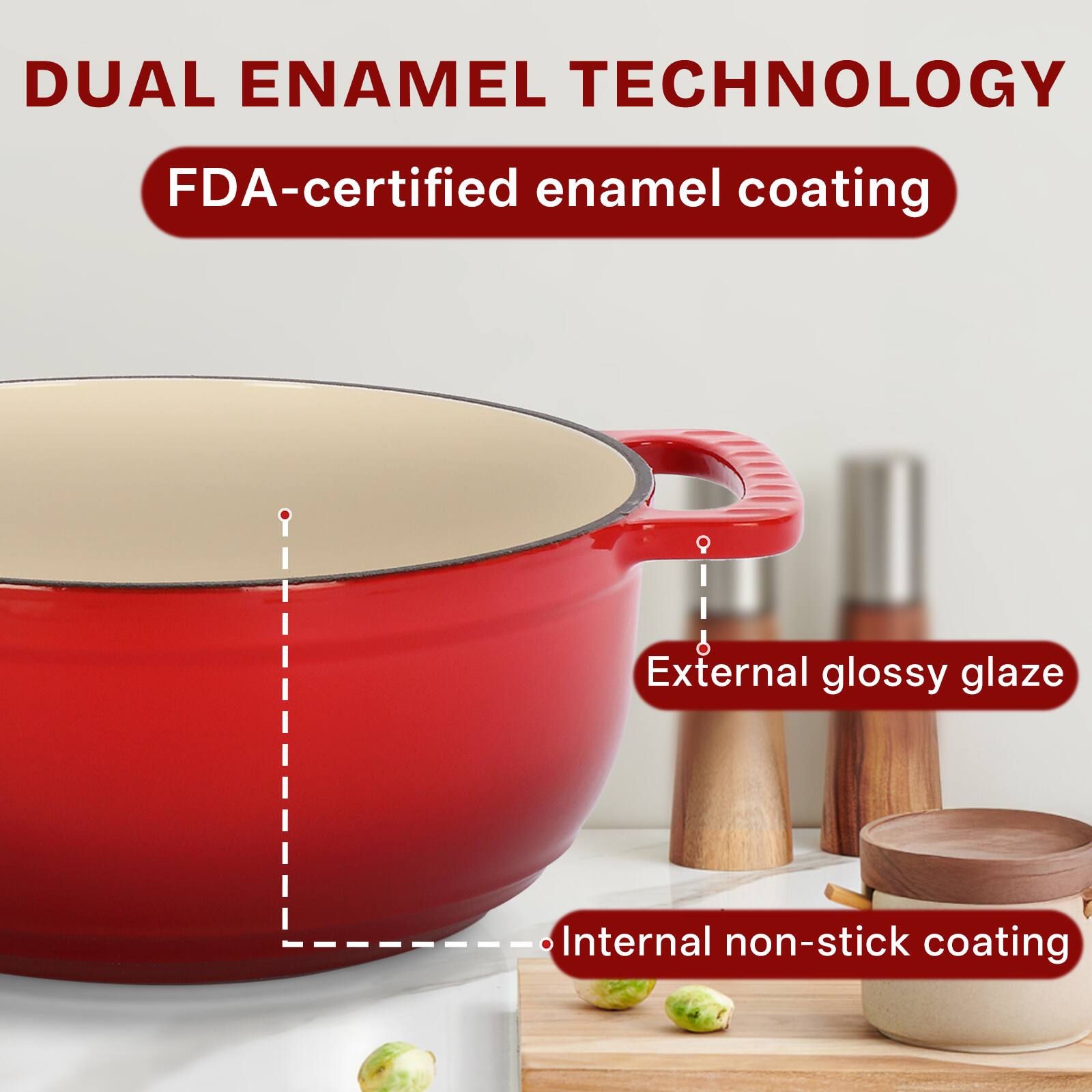 DUAL ENAMEL TECHNOLOGY  
FDA-certified enamel coating  
External glossy glaze  
Internal non-stick coating