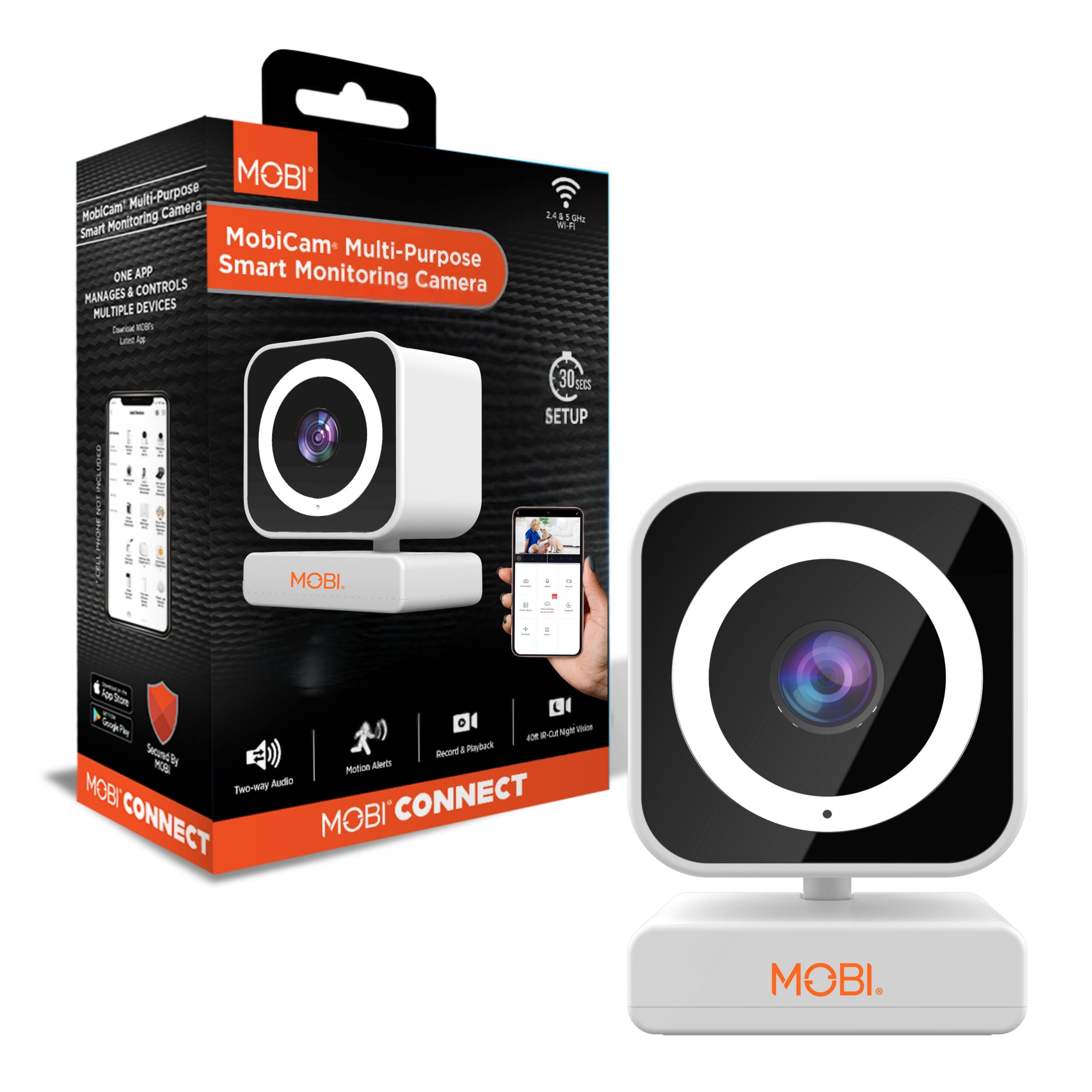 MOBI. MobiCam Multi-Purpose Smart Monitoring Camera, ONE APP Smart Monitoring & CONTROLS, MANAGES MULTIPLE DEVICES, Dinetica K Lafes i 245 S W-F 30%cs SETUP, MOBI. Connect, Two-way Audio, BT CONNECT, MOBI.