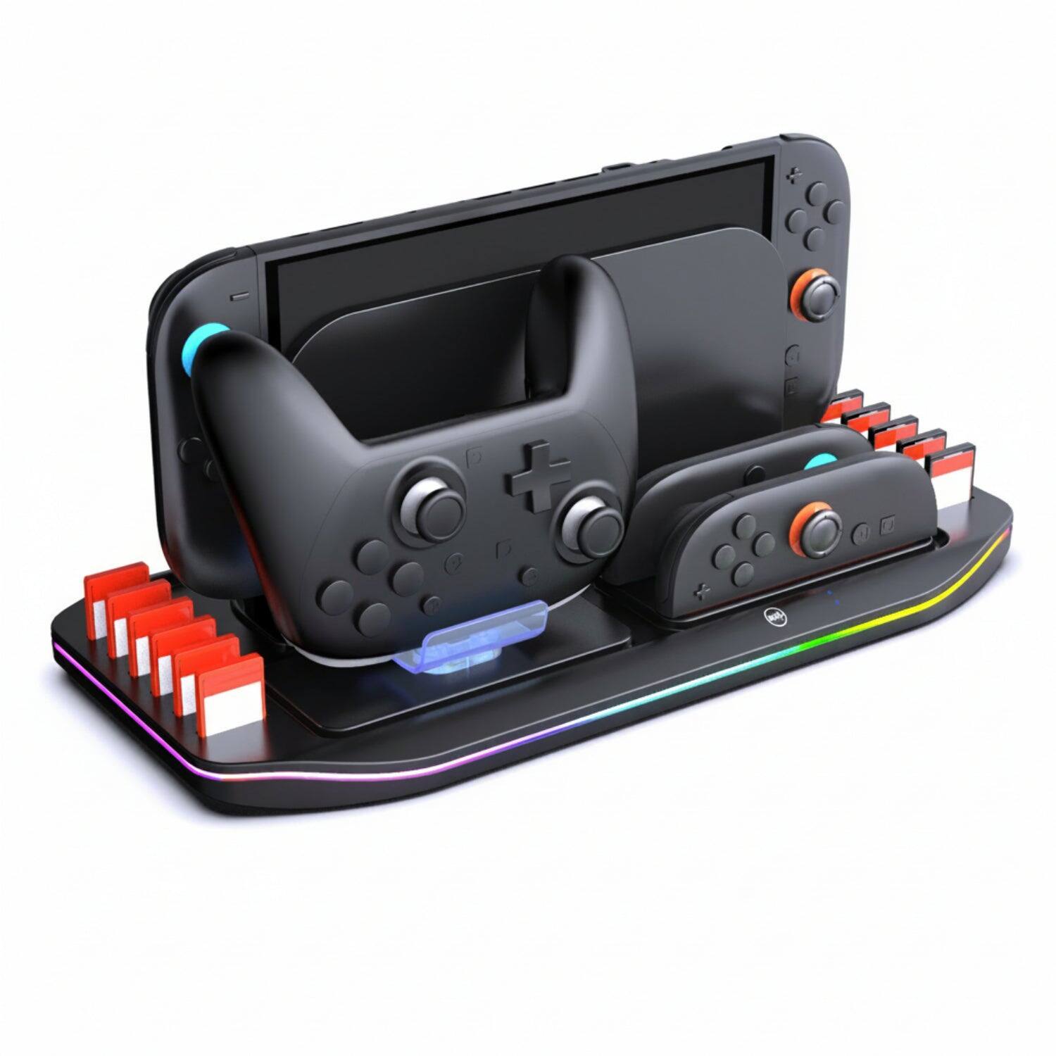 Angle. Sonicgrace - Charging Dock & Storage Station for Switch 2, 2 Joy‑Con + 1 NS2 Pro Controller Charging, 12 Game Slots, 9 RGB, USB‑C - black.